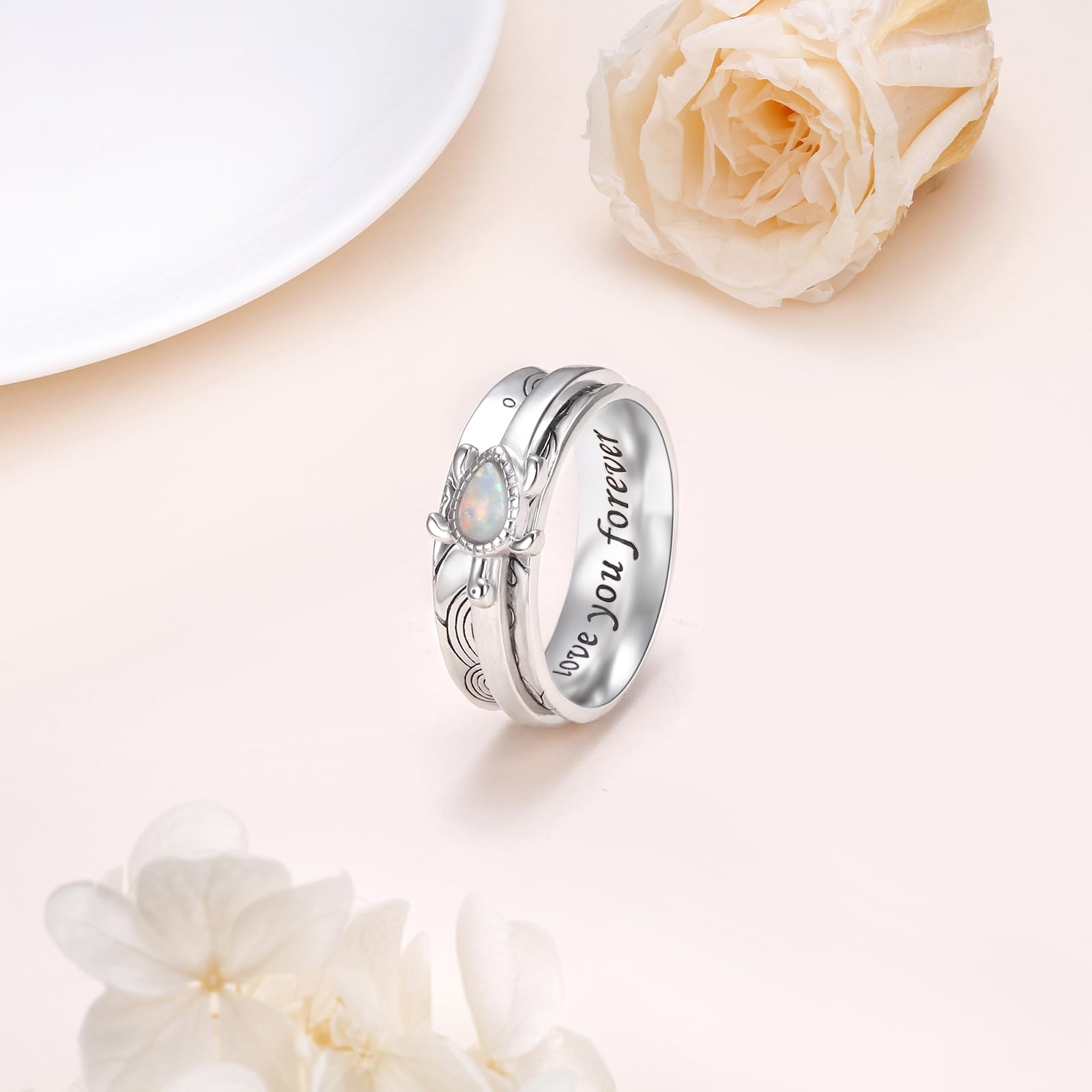 Bague tortue de mer en argent sterling 925 avec opale synthétique pour soulager le stress, l'ennui, le TDAH, l'autisme, cadeau d'anniversaire pour femme et homme, taille 55