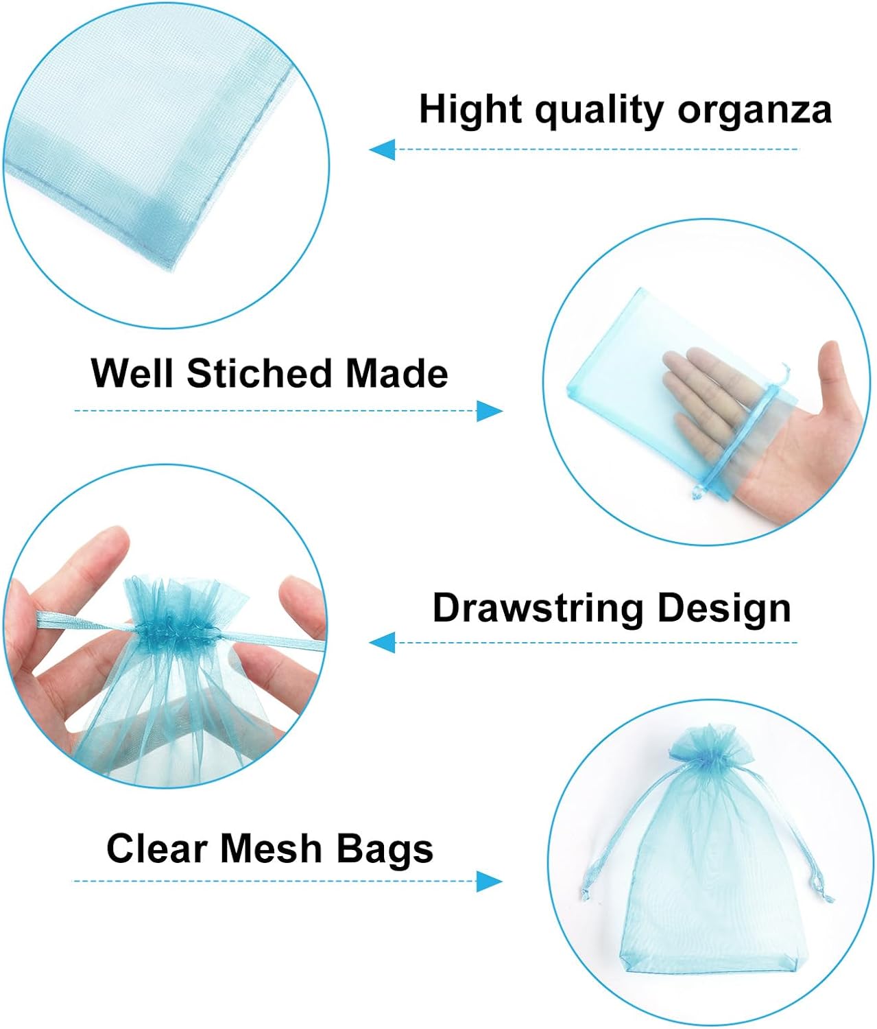 G2PLUS Light Blue Organza Bags 100PCS, 4x6 in Sheer Mesh Drawstring Bag image 3