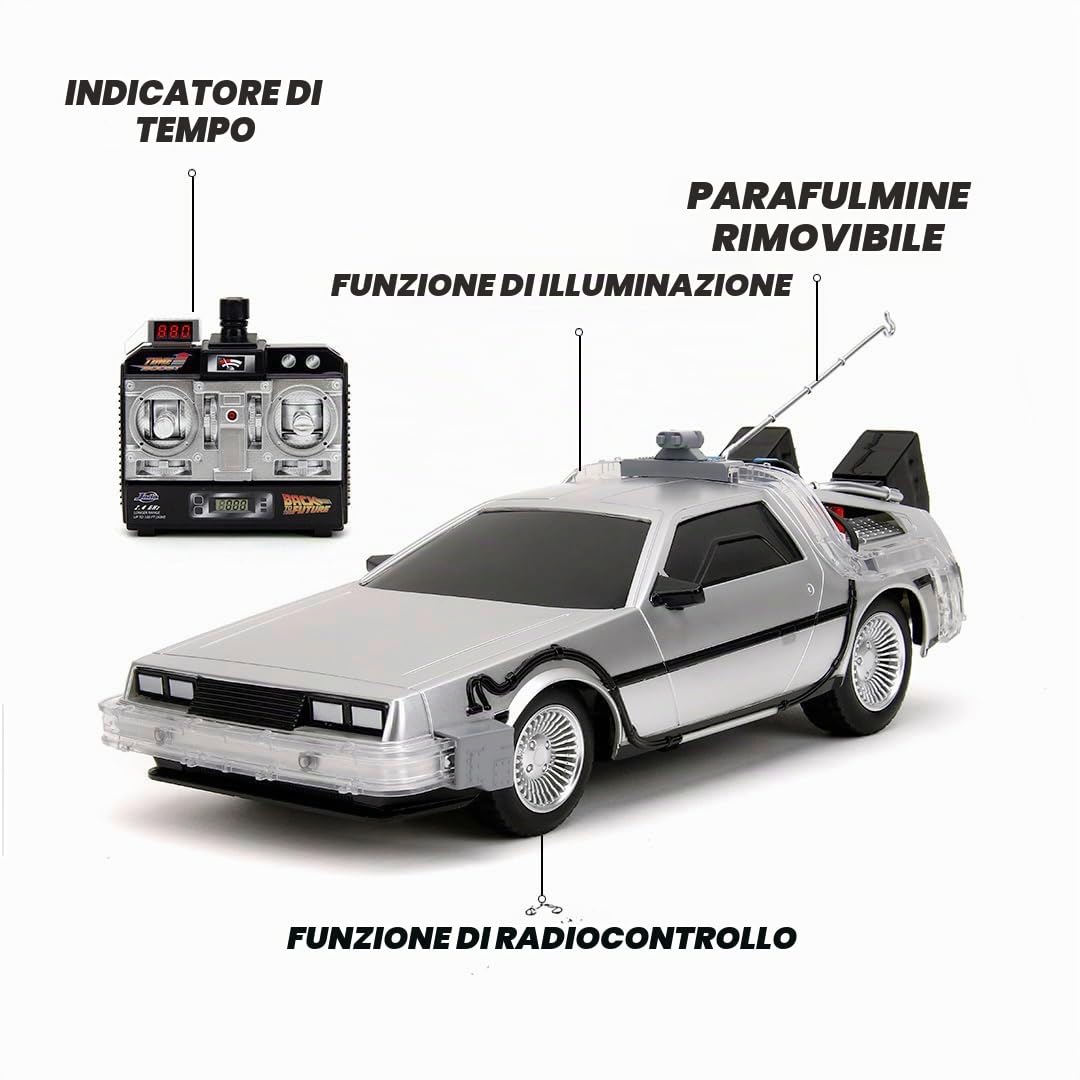 Jada Toys - Back to The Future RC Auto, Time Machine, veicolo telecomandato con funzione turbo e luce, fino a 10 km/h, ricarica USB, 28 cm, per bambini dai 6 anni in su
