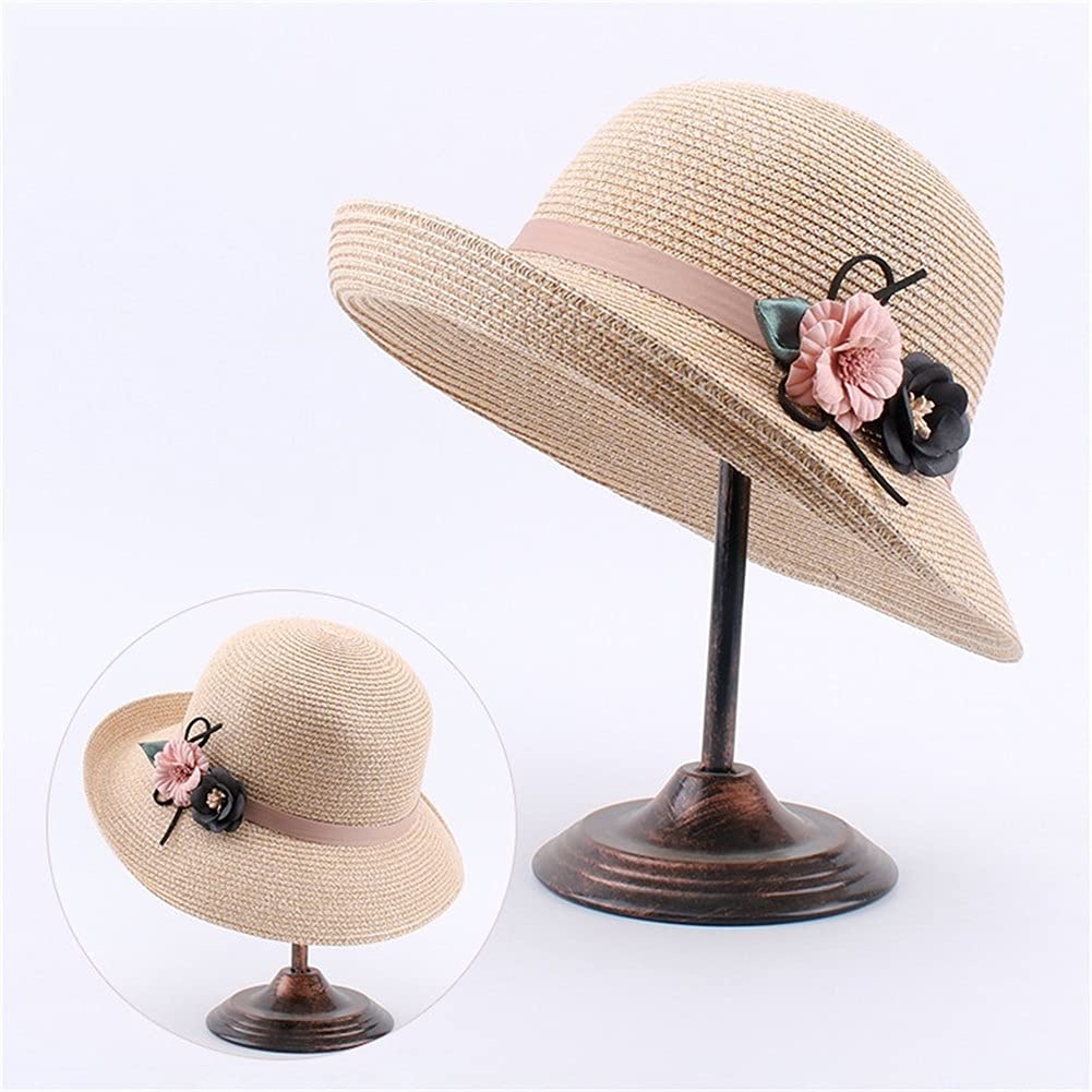 LNNSHX Sombrero de Paja Mujer Verano Señoras Playa Sombreros para el Sol Protección de Flores Gorra Plegable Viajes Vacaciones Panamá Sombrero para el Sol (B Mcode)