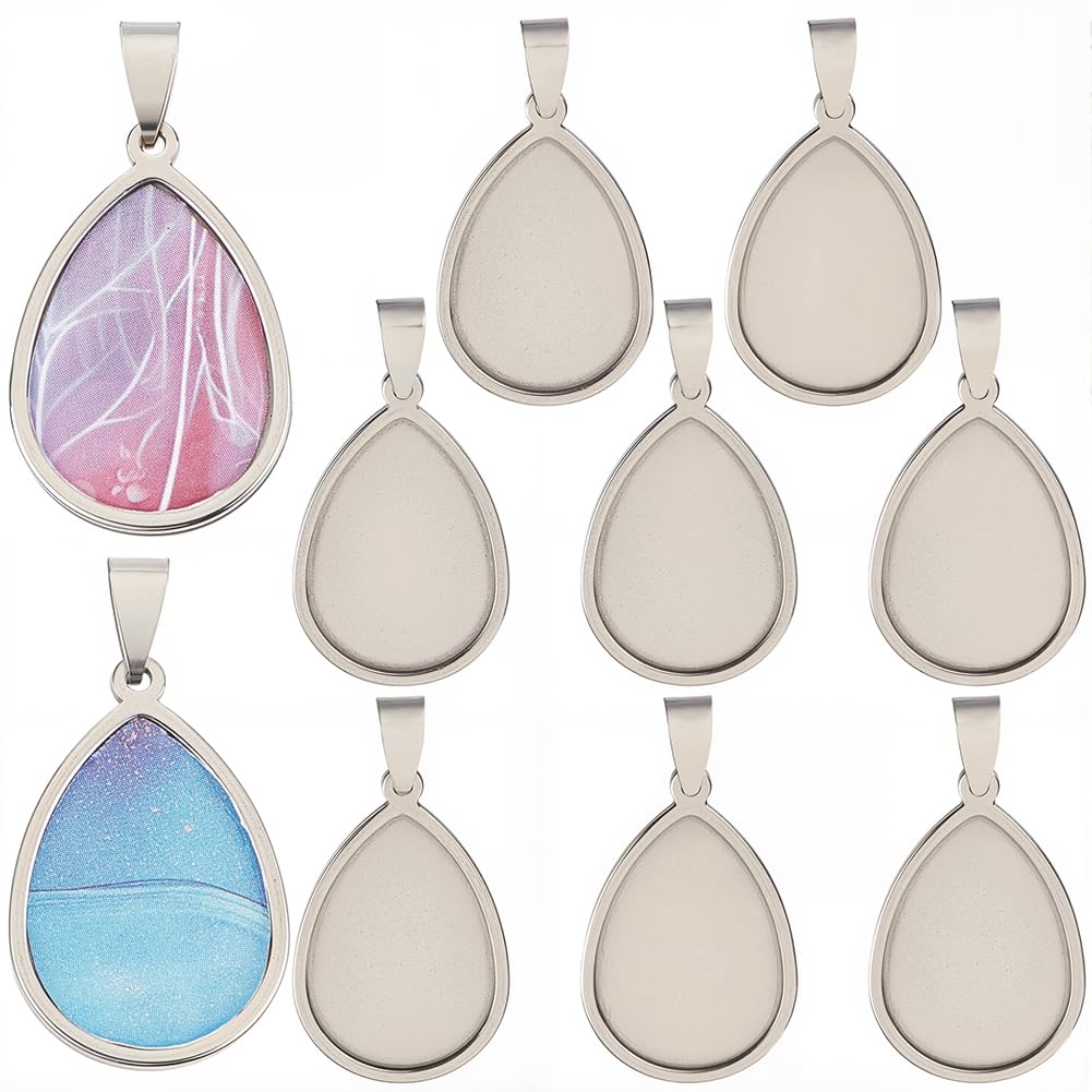 SOFPLATE 1 Box 10Pcs Silver Stainless Steel Cabochon Blanks Teardrop Bezel Pendant Trays Bulk Stylish Water Drop Shaped Bezel Pendant Trays for Jewellery Making Bracelet Necklace DIY Crafts Beginner