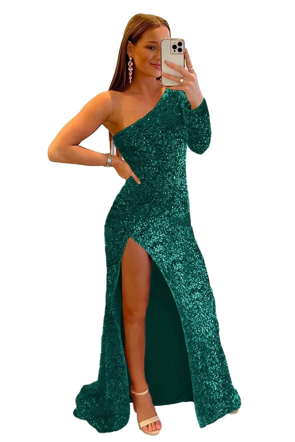Zepumen One Shoulder Sparkly Mermaid Prom Dresses Long Sleeve Formal Evening Party Gown with Slit