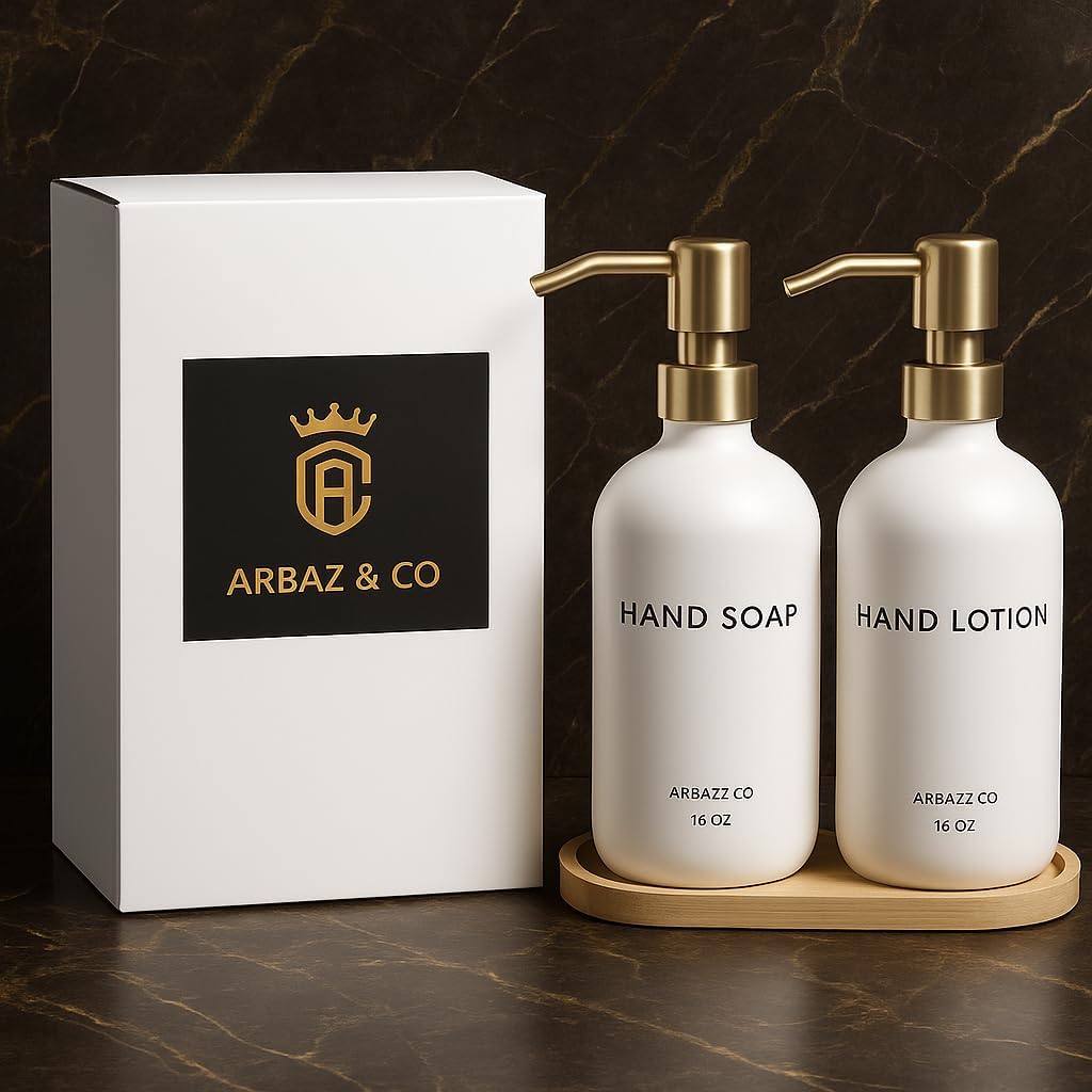 Luxury Glass Soap and Lotion Dispenser with Tray by Arbaz & Co,Modern Lotion and Soap Dispenser Set Stainles Steel Pump for Home, Bathroom and Kitchen