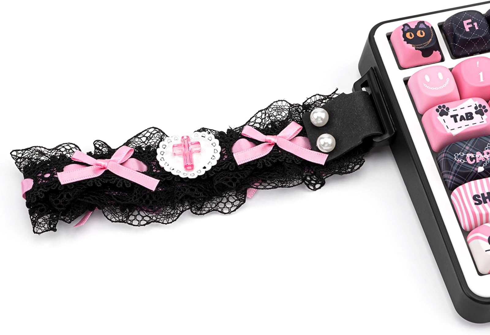 Custom Keyboard Straps, Black & Pink Lace Snap Straps for Multiple Mechanical Keyboards ATK 68 Mu68 Wooting 60he Strap
