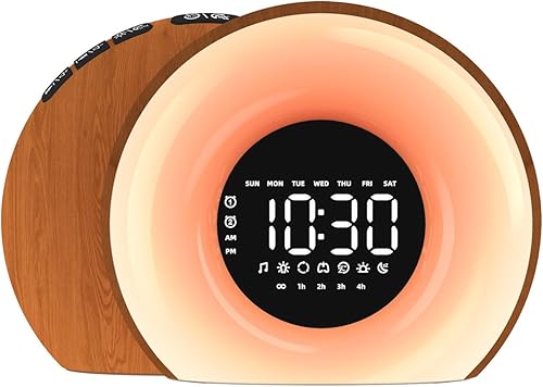 OrangeLight Reloj despertador con luz de amanecer para dormitorio, simulación de amanecer y atardecer, 23 sonidos naturales, 13 colores, luz