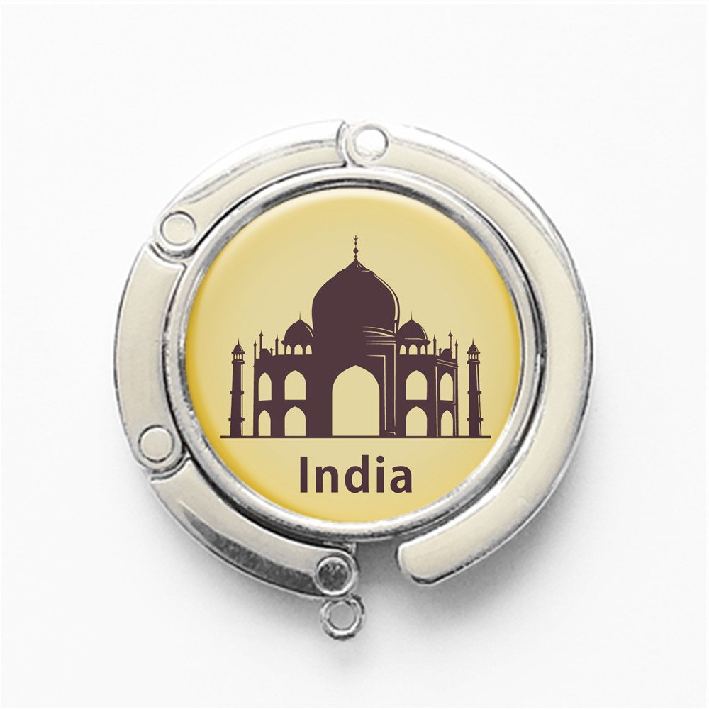 RhyNSky India Taj Mahal Round Folding Handbag Hook Purse Hanger Holder for Table, Silvery, FS546