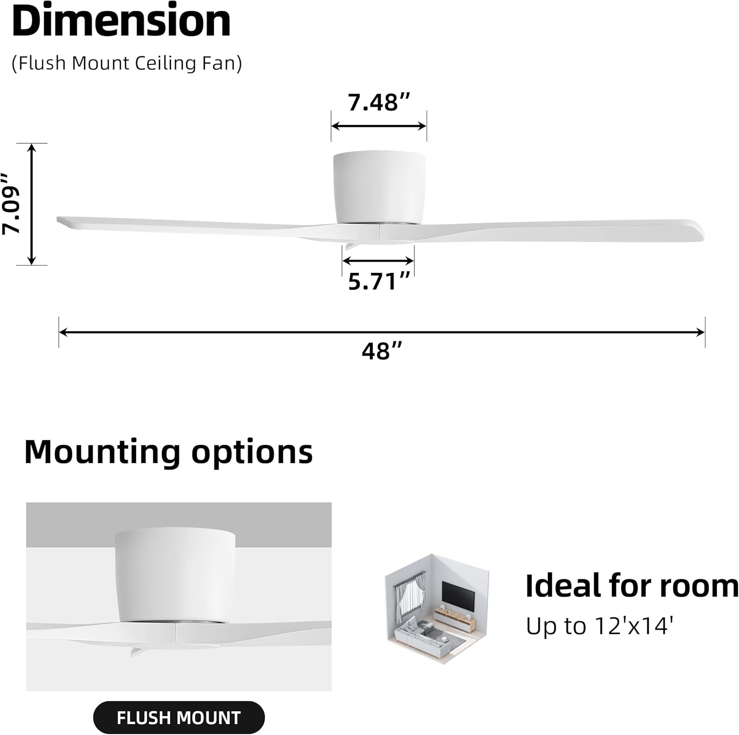 WINGBO 48 Inch Flush Mount DC Ceiling Fan without Lights, 3 Carved Wood Blades, 6-Speed Noiseless Reversible DC Motor, Hugger Ceiling Fan No Lights in Gloss White Finish, ETL Listed