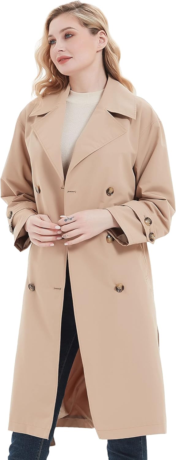 RISISSIDA Women Double-Breasted Trench Coat,Water Resistant,Casual and Business Overcoat,Knee-Length,Loose Fit,Removable Belt - Image 6