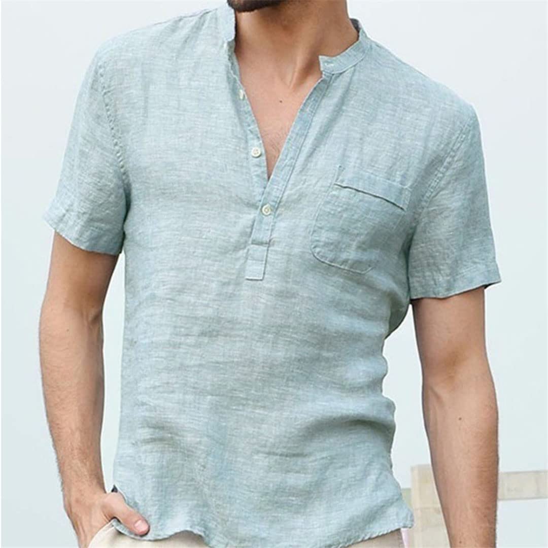 Camiseta de manga corta para hombre, de algodón y lino, informal, para hombre, ver fotos, L