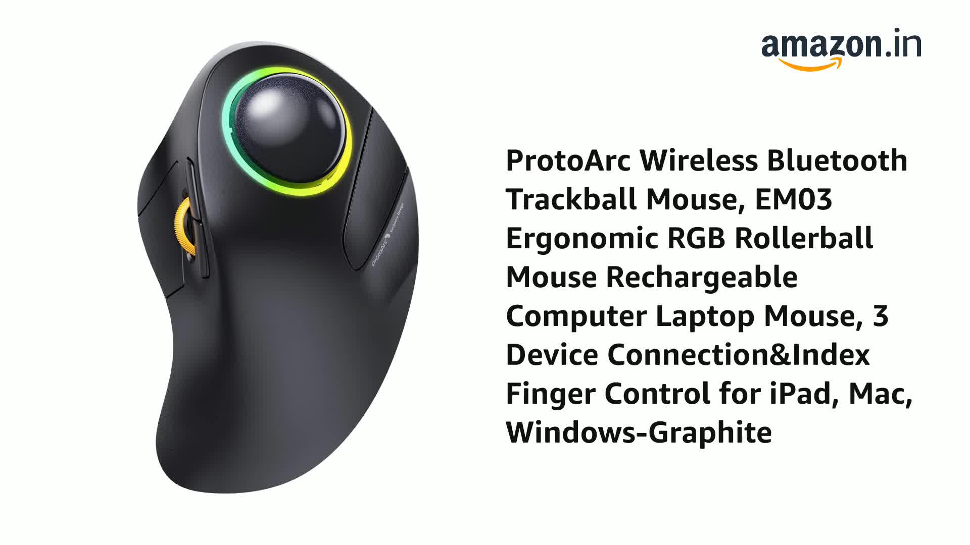 ProtoArc Vertical Wireless Trackball Mouse, EM05 RGB Bluetooth Ergonomic Rollerball