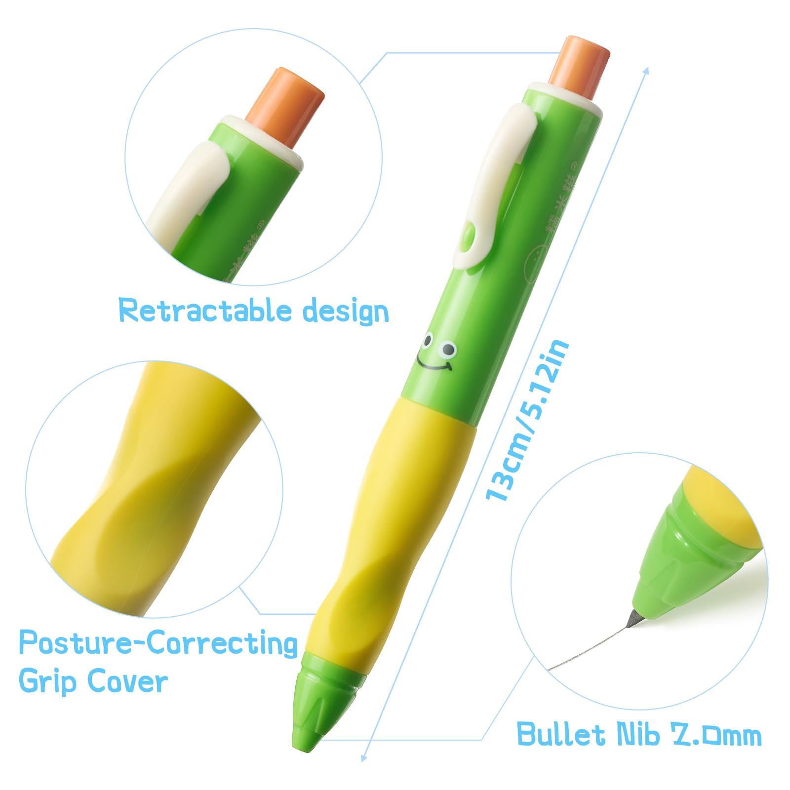 Portaminas grueso para niños, lápiz de escritura a mano Smile con agarre antideslizante y mina HB de 2.0 mm, resistente a la rotura, paquete de 8 incluye 96 recambios #2, sacapuntas y borrador
