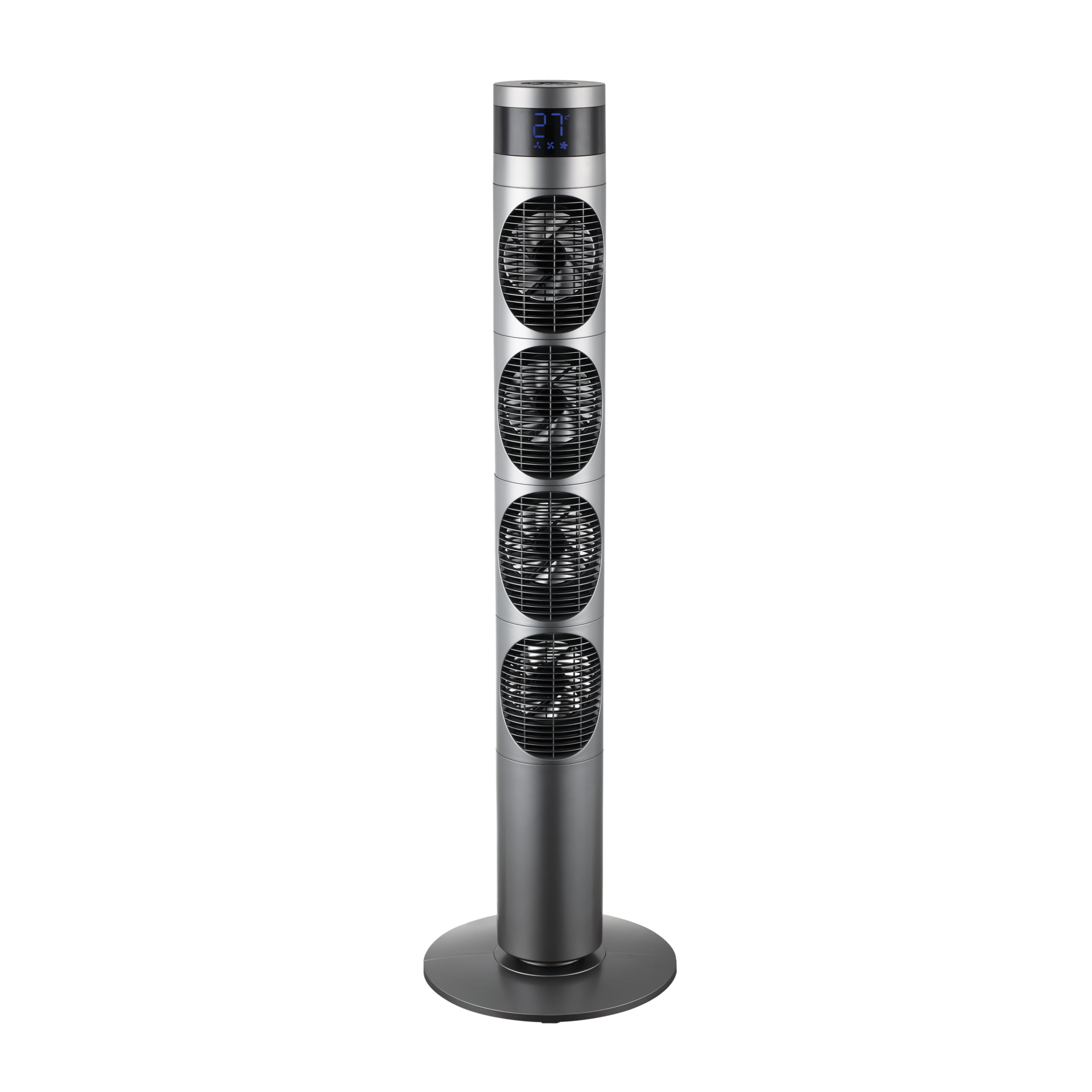 ABRILA - Ventilador Torre Mombuey Gris 25W | 3 Velocidades y 4 Ventiladores DC | Fijo y Rotatorio | Orientable | Temporizador 12h | Diseño Moderno | 117x34x34 cm