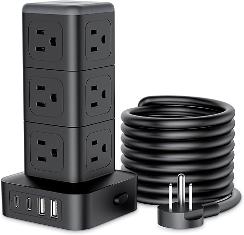 Miniatura 14 de NTONPOWER Torre de regleta compacta con protector de sobretensiones, torre protectora de sobretensiones 1080J, 12 salidas de CA, 4 USB (2 USB C),