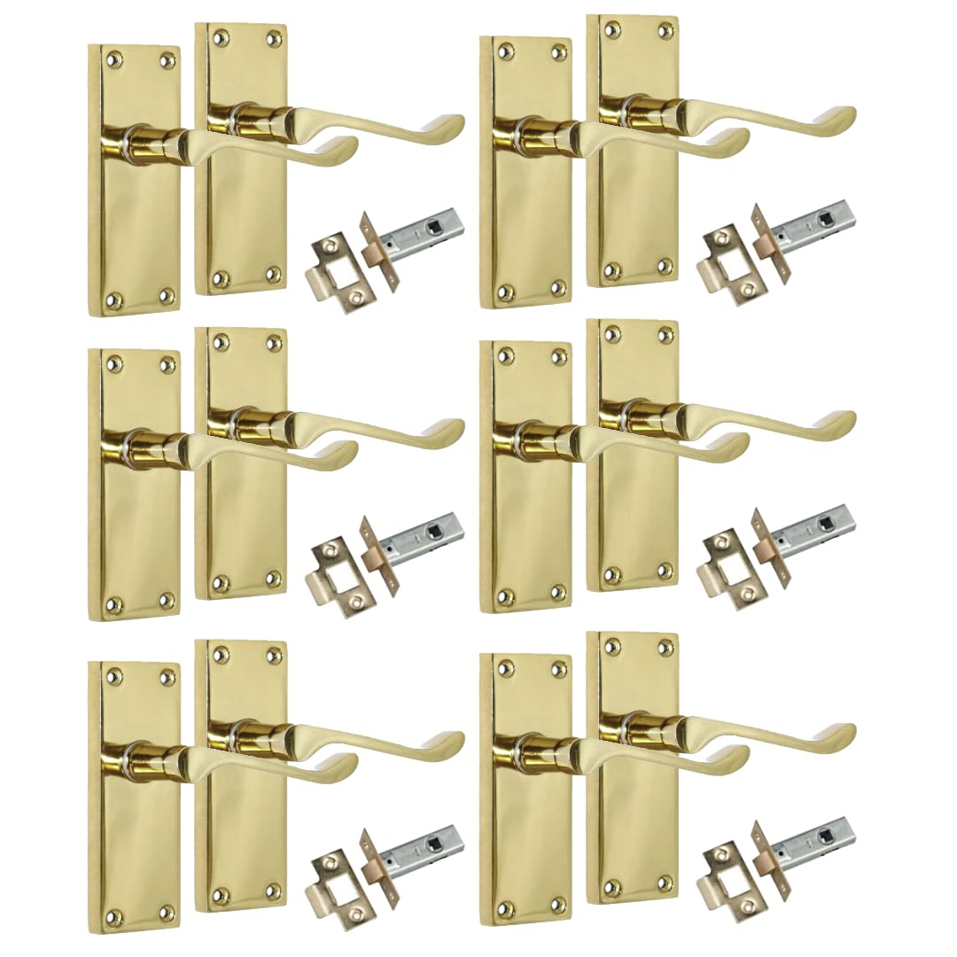 Epsom Door Handle Yellow Brass Plated Scroll Door Handle Set With Tubular Latches - Victorian Style Internal & External Lever Door Handles With Backplate 118Mm X 42Mm Sets 6