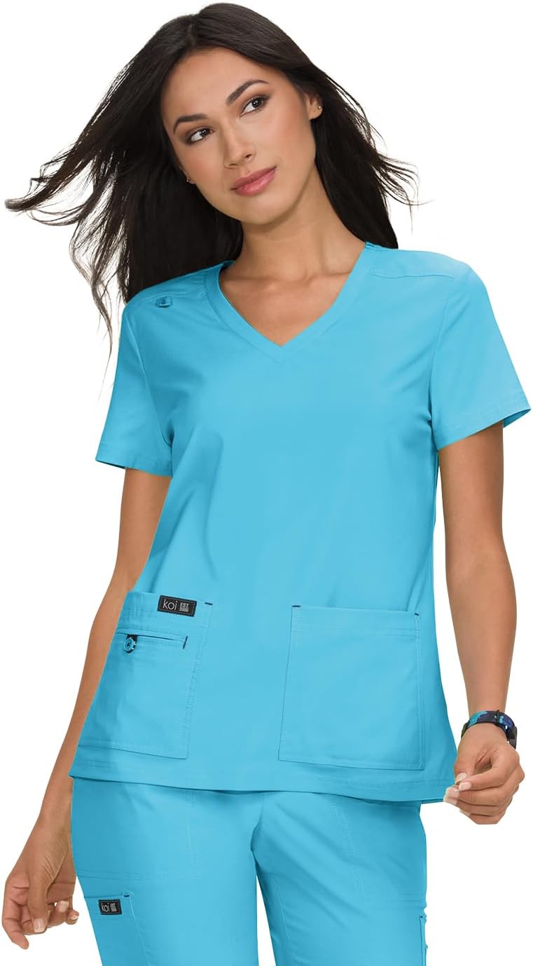 Basics Women's Becca V-Neck Scrub Top, 4 Pockets, ID Bungee Loop, Moisture-Wicking Performance