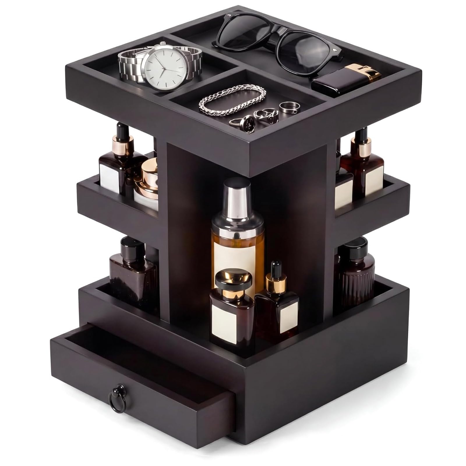 Photo 1 of Novabright 3-tier 360° Rotating Cologne Organizer for Men with Drawer, Large Capacity Wood Countertop Display Rack Stand for Bathroom Dresser, Fathers Day Gift for Men Husband Boyfriend, Black