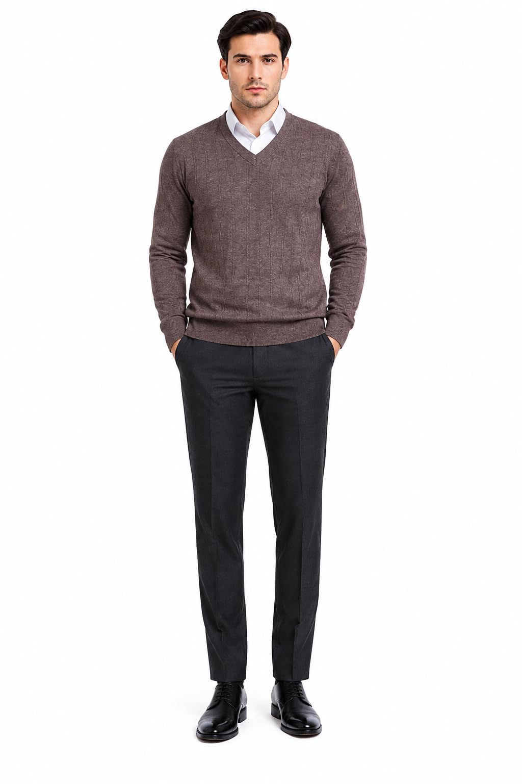 wooloasis Men's Wool Blend Self Check V-Neck Sweater Full Sleeve Regular Fit Soft & Warm Winter Pullover Knitwear for Casual & Office Wear-picture-21