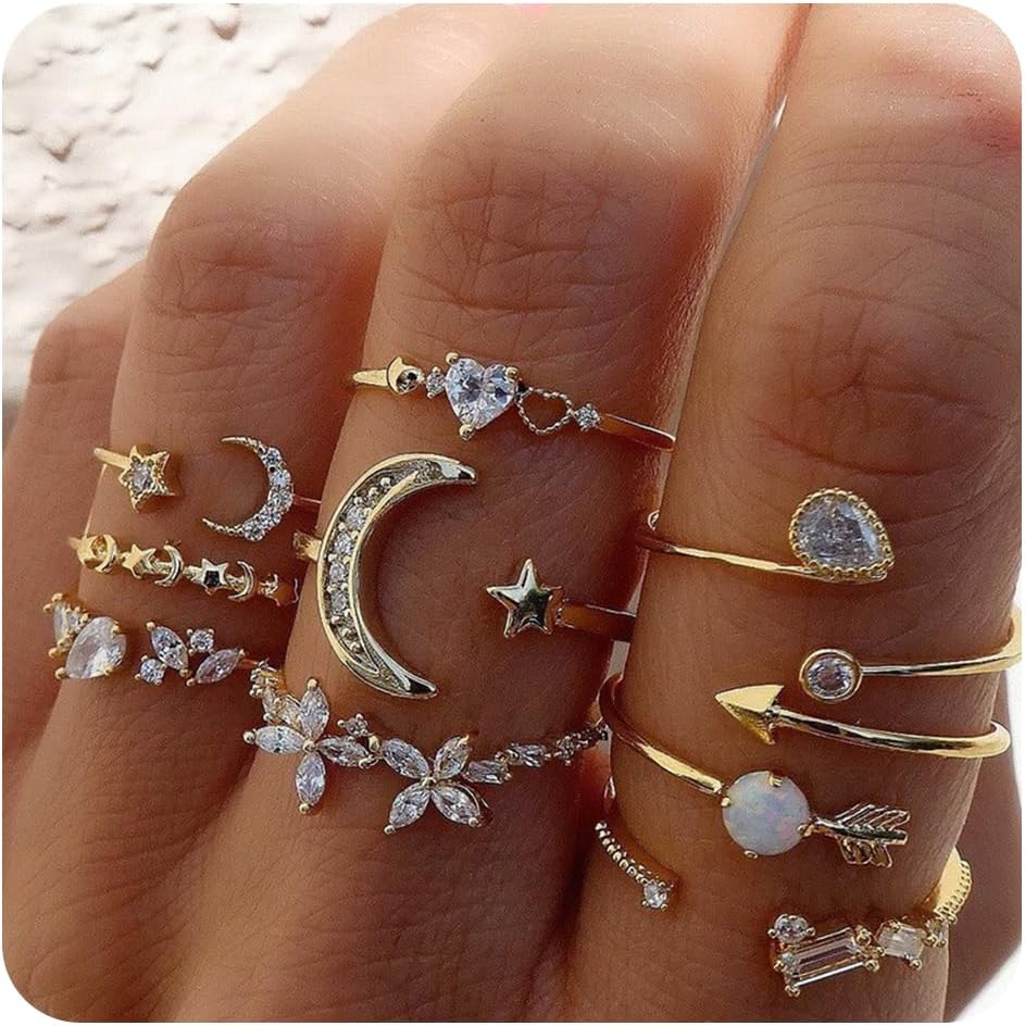 Golden Stackable Moon Star Knuckle Rings Set, Boho Dainty Lightweight Stacking Rings, Vintage Midi Pack, Trendy