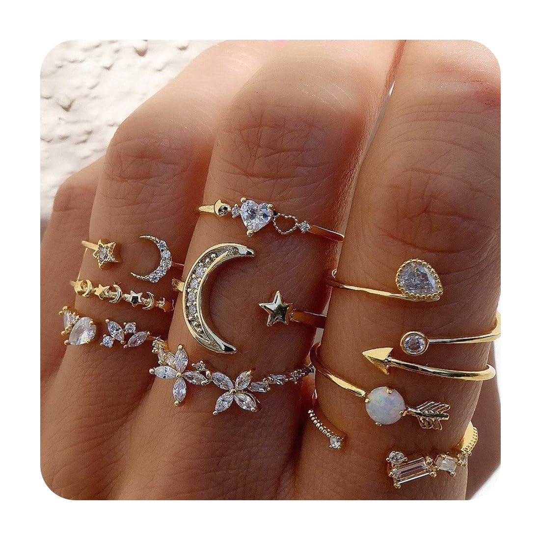 Golden Stackable Moon Star Knuckle Rings Set, Boho Dainty Lightweight Stacking Rings, Vintage Midi Pack, Trendy
