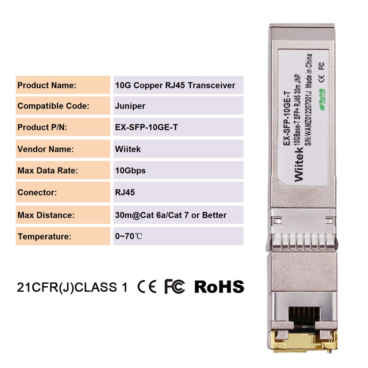 Modules SFP+ vers RJ45 en cuivre, émetteur-récepteur 10GBase-T compatible avec Juniper EX-SFP-10GE-T (Cat 6a/7 ou mieux, 30 mètres), marche arrière pour 5GBase-T, 2.5GBase-T
