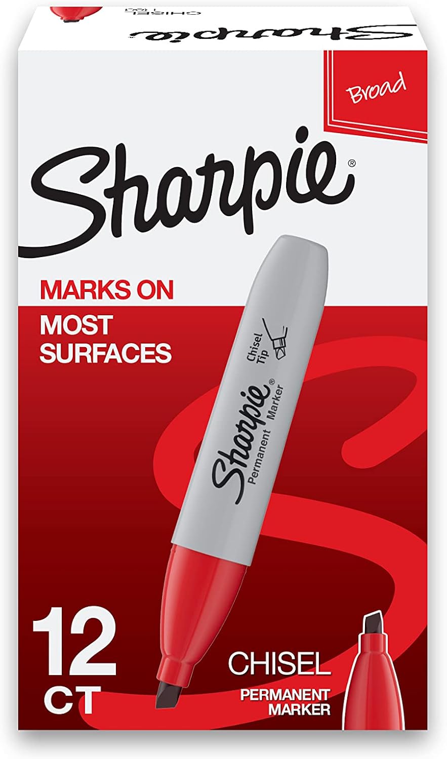 SHARPIE Permanent Markers, Chisel Tip, Red, 12 Count
