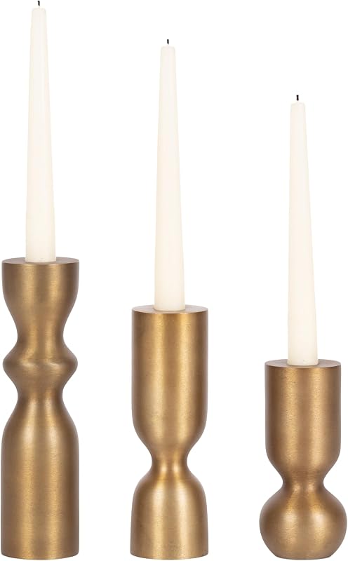 Pico Juego de 3 portavelas cónicos de metal moderno de tres piezas, latón, candelabros metálicos de transición para mesa de comedor o chimenea