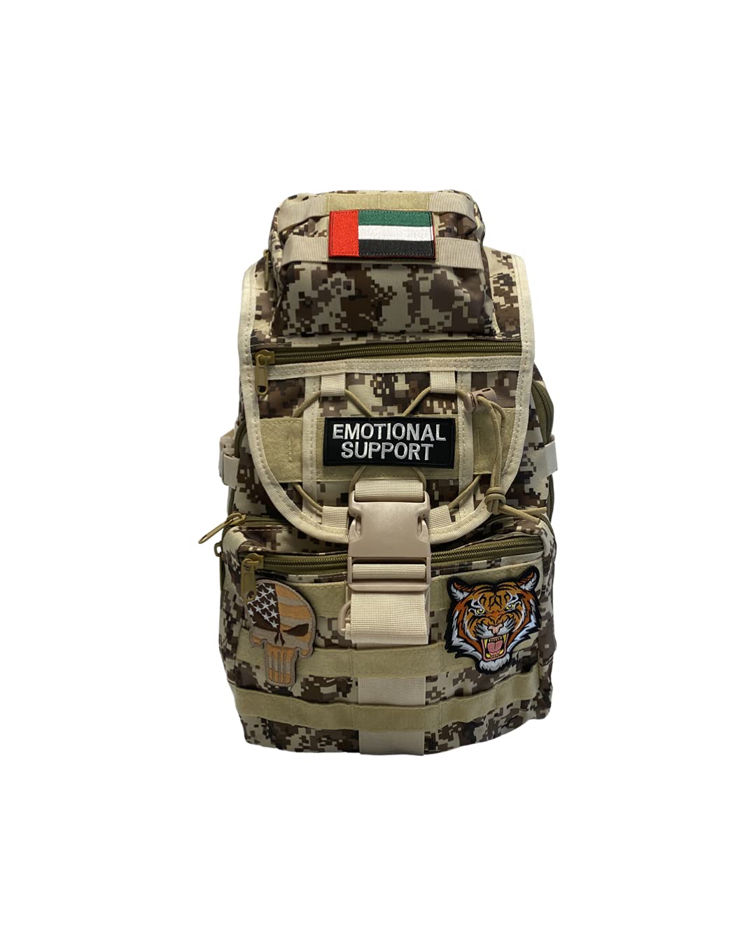 Generic40L Mix of Brown Camouflage Military Backpack With UAE Flag Patch, Emotional Support Patch, Skull Patch, and Tiger Patch