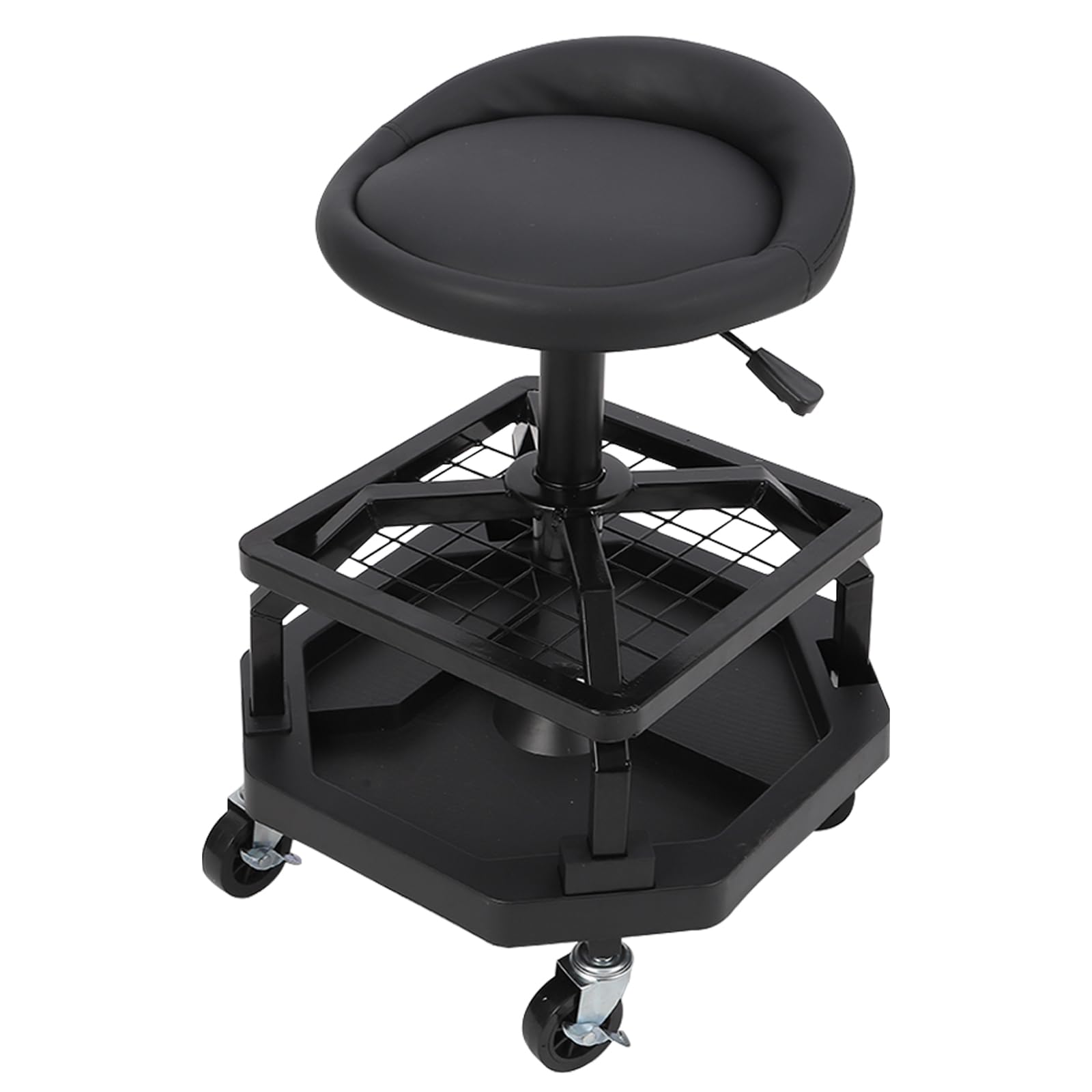 Sgabello da Officina con Ruote e Telaio Rotondo - Altezza Regolabile, Seduta Imbottita, Schienale Basso, Rotazione 360° - Portata 150 kg, Ideale per Garage, officine e riparazioni Auto - 330