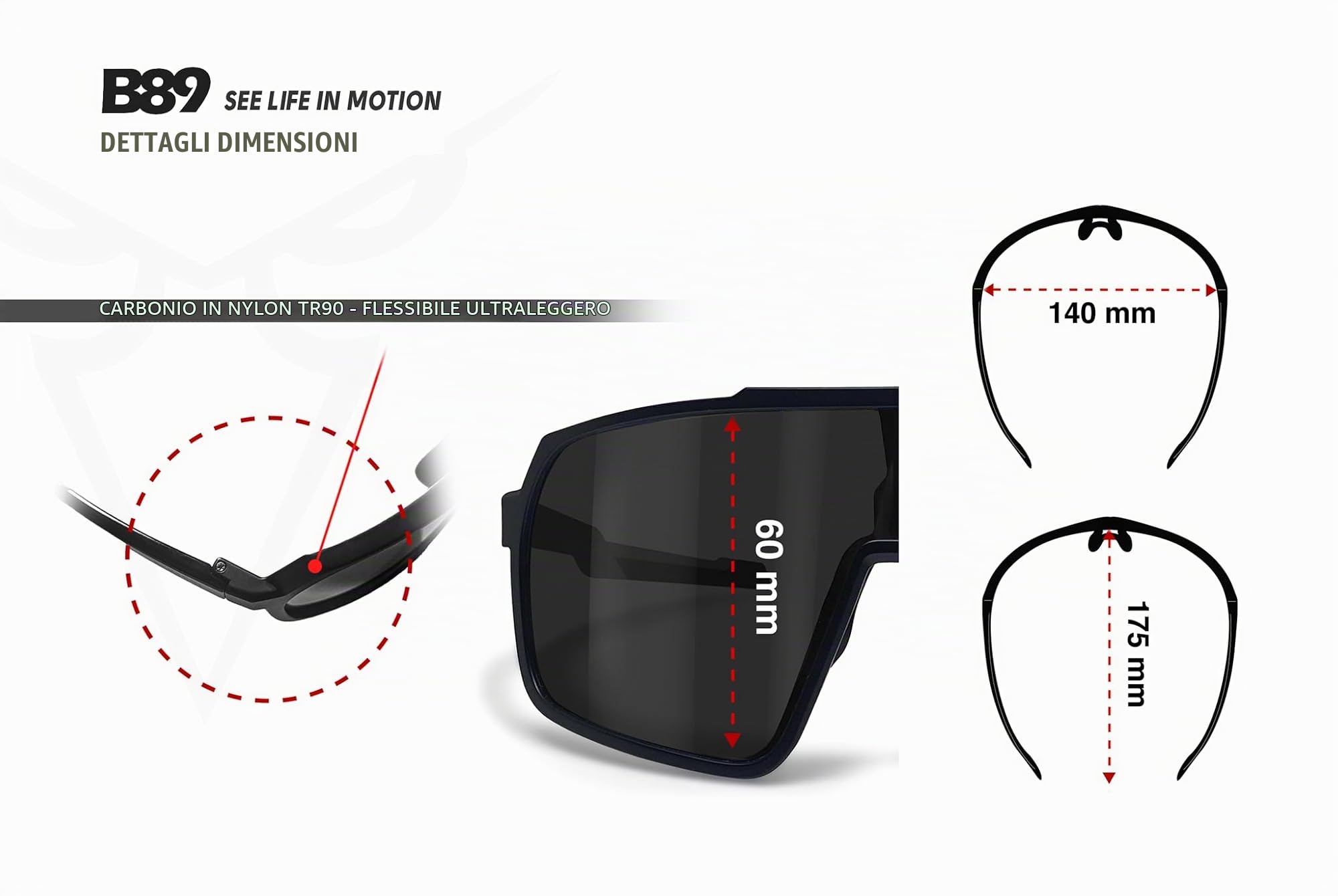 B89 Occhiali da Sole Sportivi Uomo e Donna in TR90 - Lente Ampia Antiappannante CIclismo Running Lifestyle etc Nasello Ergonomico mod. BG