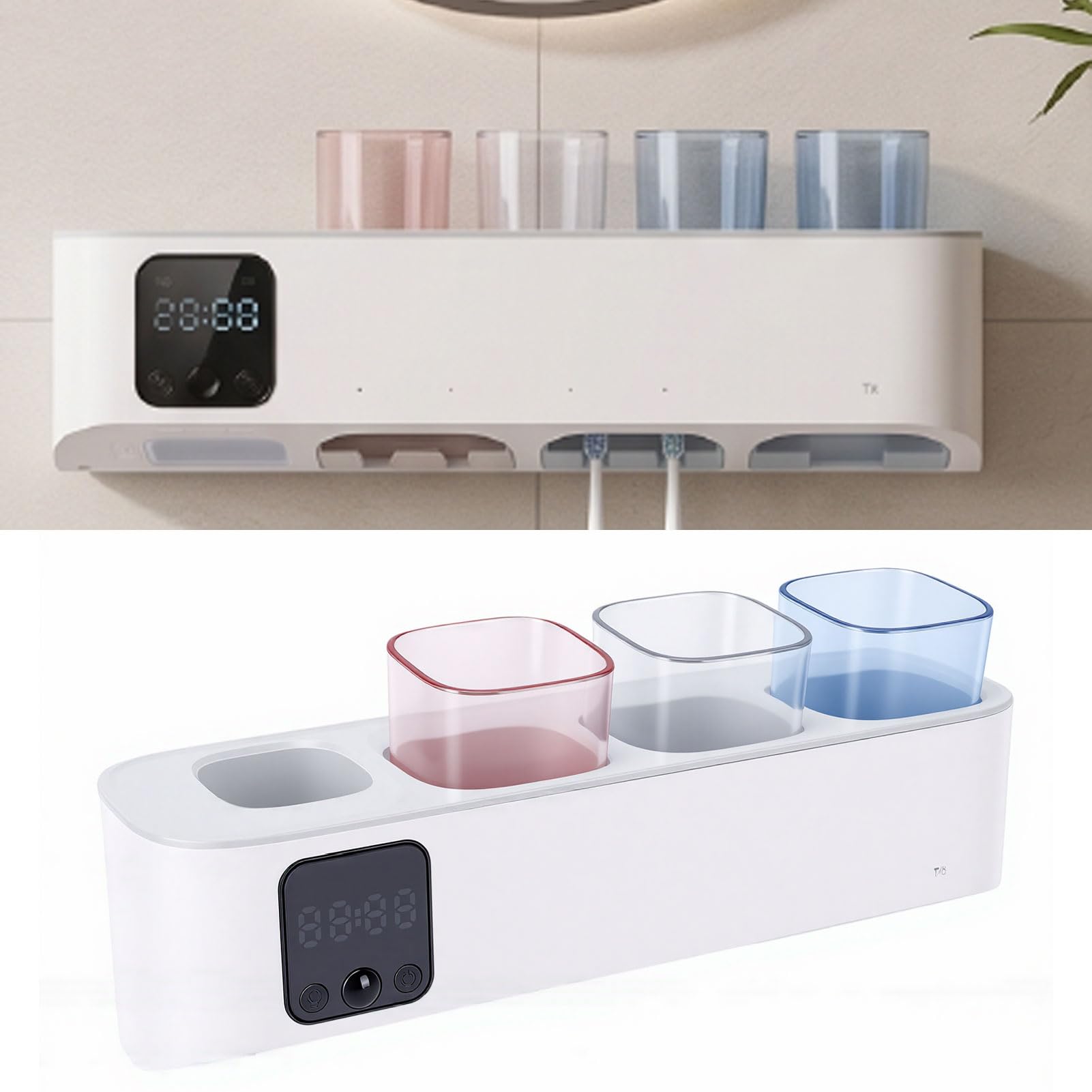 Jectse Soporte para Cepillo de Dientes Eléctrico, Montado en la Pared con Pantalla Táctil LED, 5 Ranuras para Cepillos de Dientes Eléctricos, Desinfectante UVC con 3 Modos y Secado por