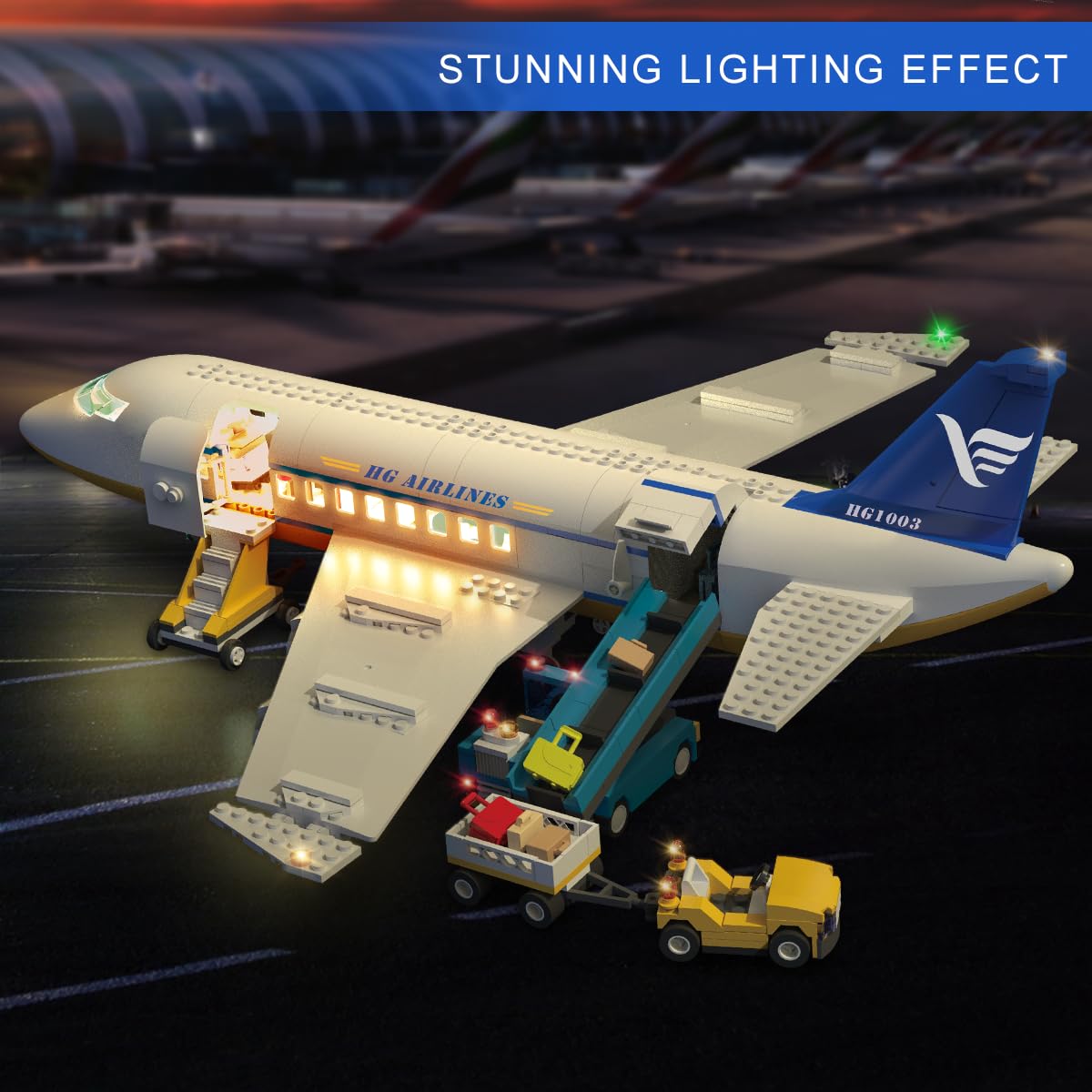 CUBIMANA 53.5CM Großes Passagierflugzeug Bausatz mit LED-Licht für Kinder | 2 Gepäckwagen, Terminal & Radarturm, Weihnachts- und Geburtstagsgeschenk für Erwachsene und Kinder ab 6 Jahren