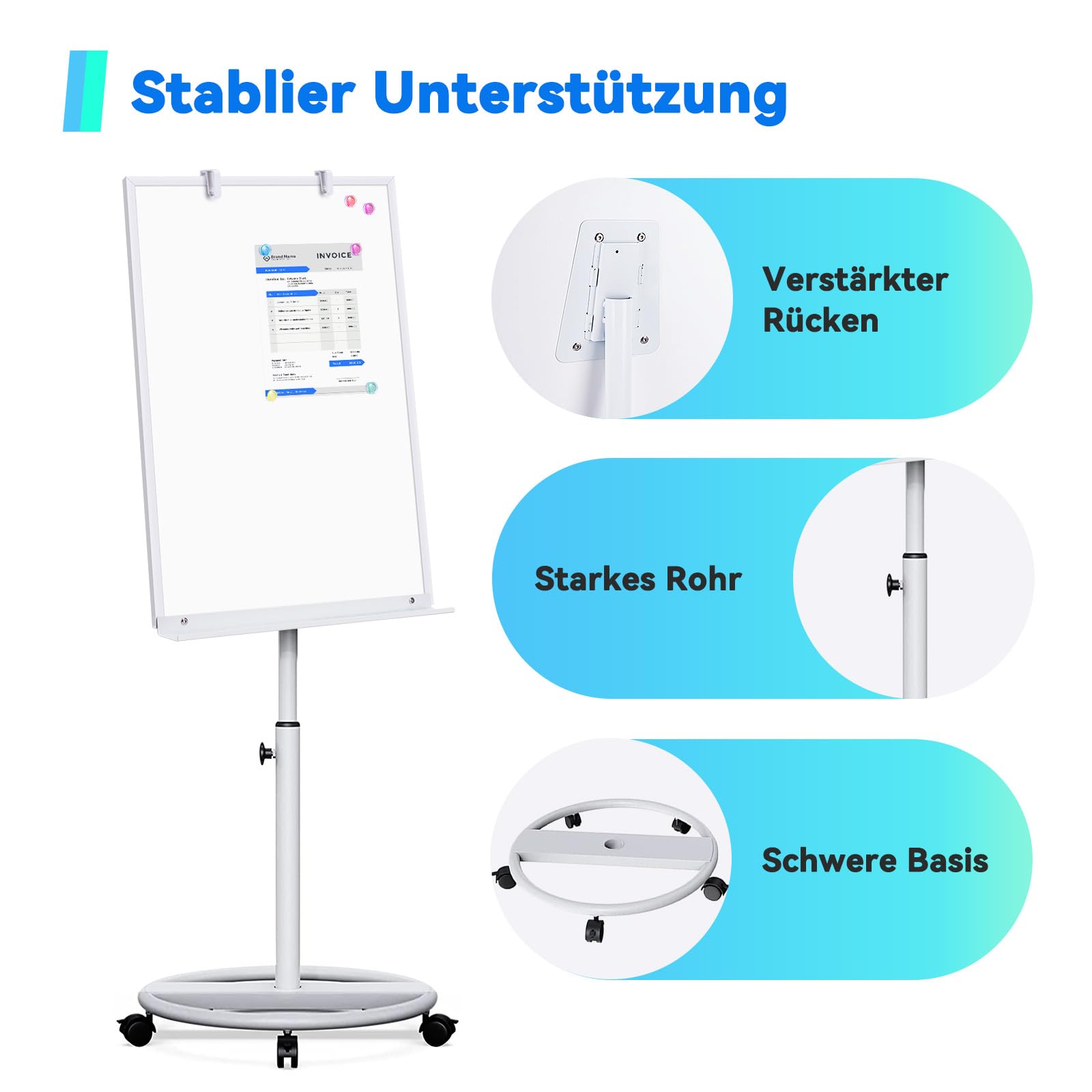 maxtek Flipchart Ständer, 90x60cm Whiteboard mit Ständers, Kunststoffrahmen Flipchart Papier, Magnetisch Höhenverstellbar, Trocken Abwischbar, 1 Radierer, 3 Markern und 6 Magneten