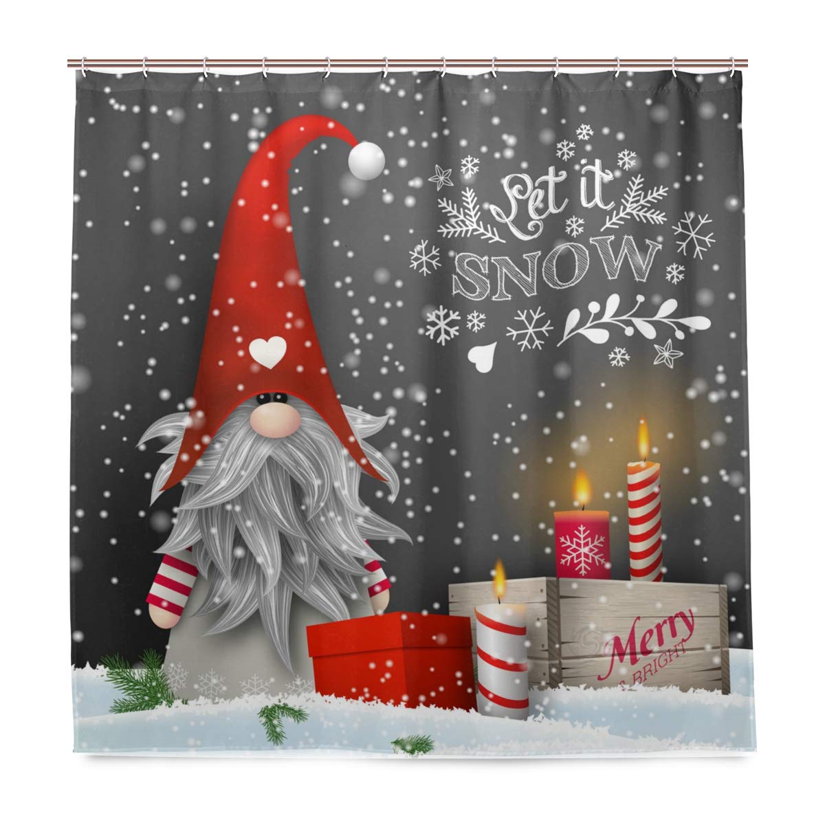 Bathroom Shower Curtain Set Christmas Gnome Candles Snowflake Gift Boxes Shower Curtain with Grommets and Hooks 72 x 72 Inch