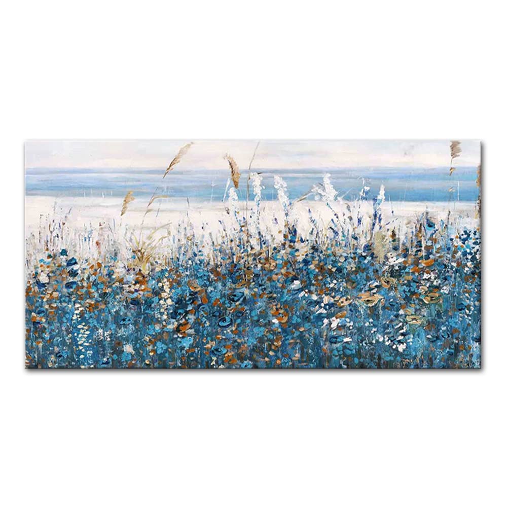Mintura Obra de arte pintada a mano con la hierba azul y las flores, arte de pared para sala de estar, lienzo acrílico, decoración de hotel, pinturas al óleo sobre lienzo (140 x 280 cm sin marco)