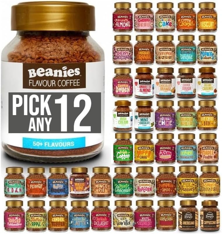 Beanies Flavoured Instant Coffee Pick Any 12 Jars (50g) from 38+ Blends Inc. Chai Latte Nutty Hazelnut Mocha Creamy Caramel Amaretto Almond double chocolate mince pie
