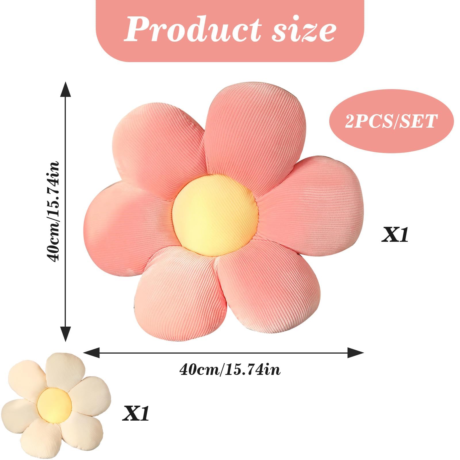 2 Pezzi Cuscini di Fiori, 40x40cm Cuscino a Forma di Fiore, Cuscini da Pavimento Fiore, Carino, Morbido Cuscino a Petali per Casa Divano Auto(Rosa e Bianco)