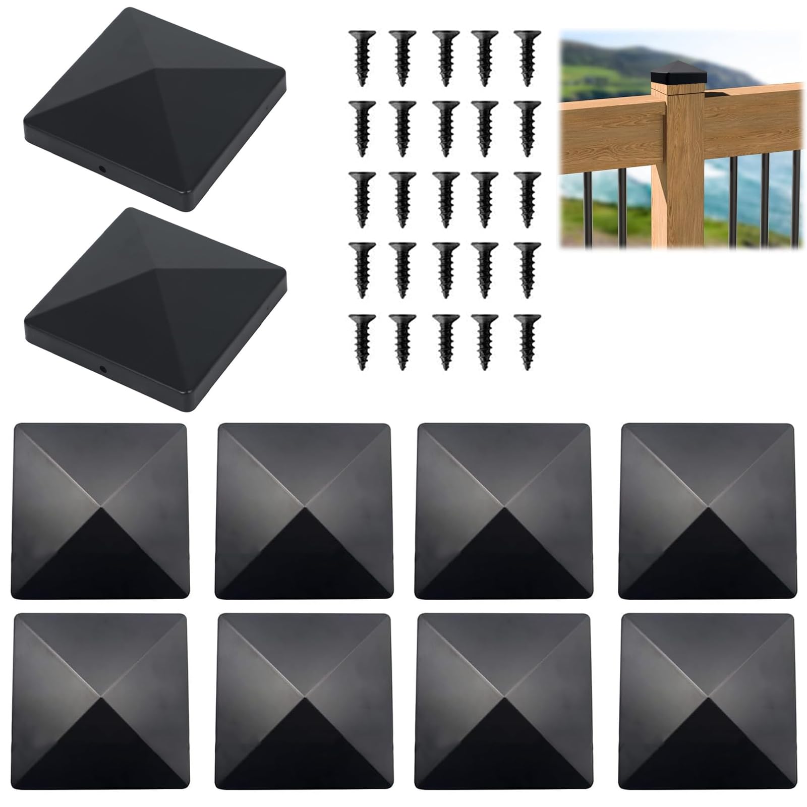 Fence Post Cap, 10 Pcs Sturdy Waterproof Plastic Deck Post Caps, Caps for Wooden Posts with 20 Pcs Screws Fits for Fences Pillars Railings Steel Pipes Profiles (Black)