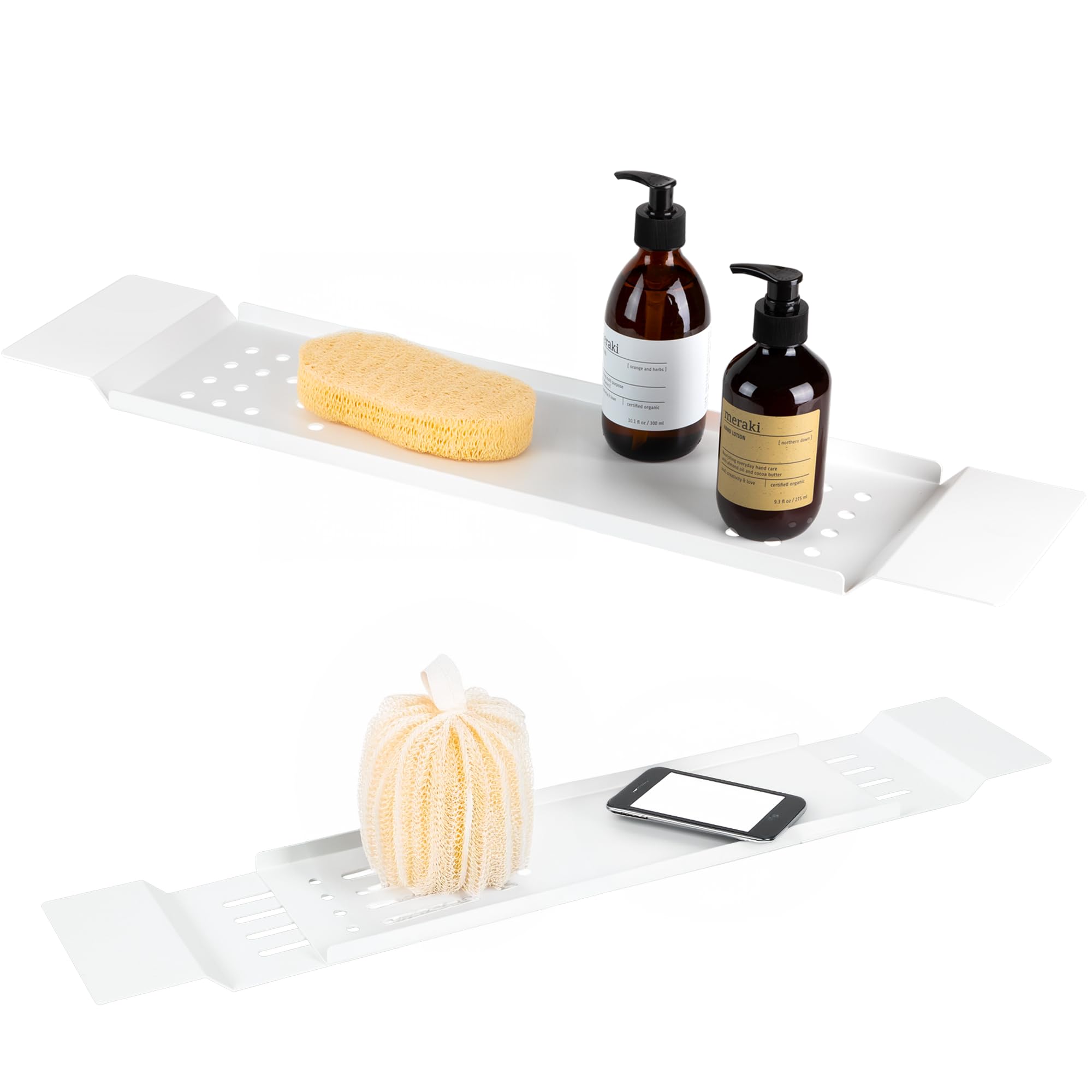 DABSTORY Plateau de baignoire en acier inoxydable réglable 70 cm à 94 cm Plateau de salle de bain rectangulaire Boîte de rangement rectangulaire pour bougies, savon, serviettes (blanc)