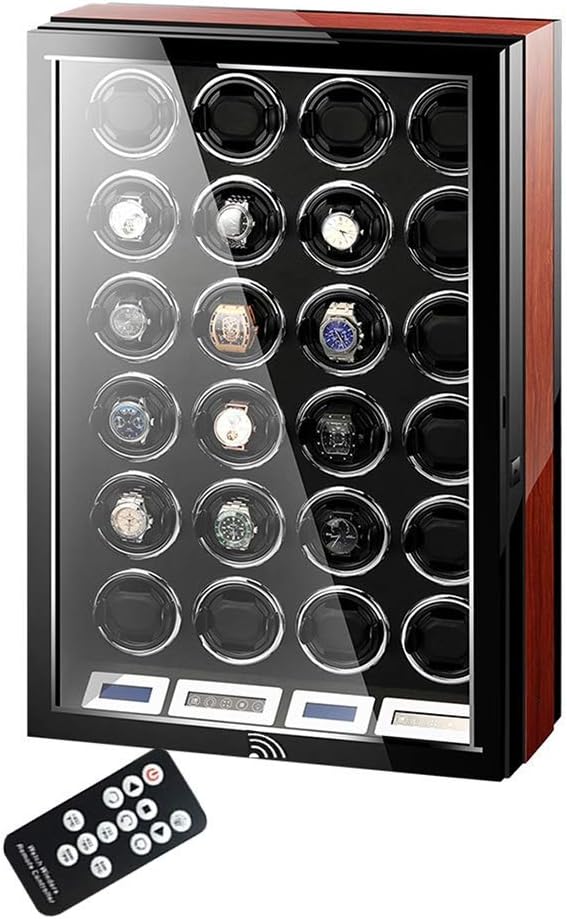 Luxury Automatic Watch Winder LCD Display Touch Screen Display Super Quiet Motor Wooden Piano Finish with Remote Control & LED Elegant Showcase (24+0)
