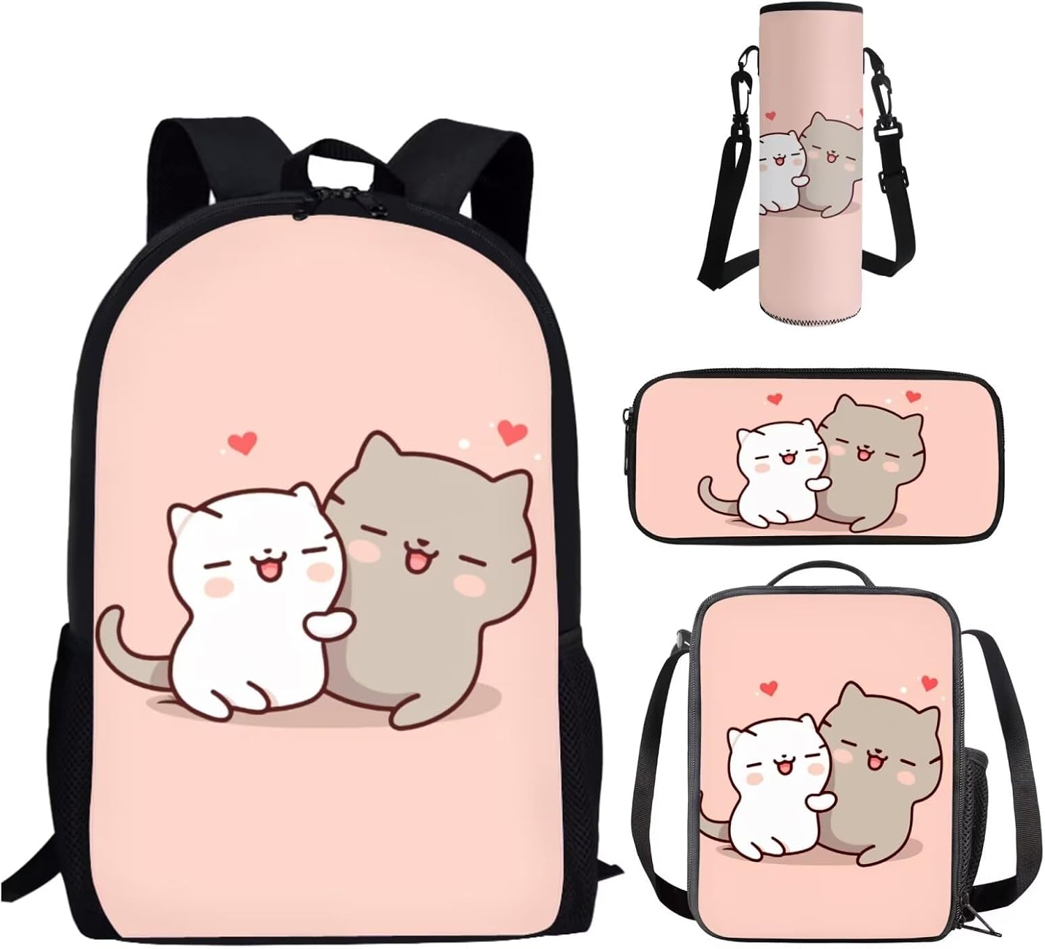Showudesigns Cat Backpack for Girls 4-6/6-8/8-12 Elementary Middle School Bag 17 inch Cute Kitten Bookbag Kids Book Bag with Lunch Box Pencil Case Water Bottle Holder Carrier Pink