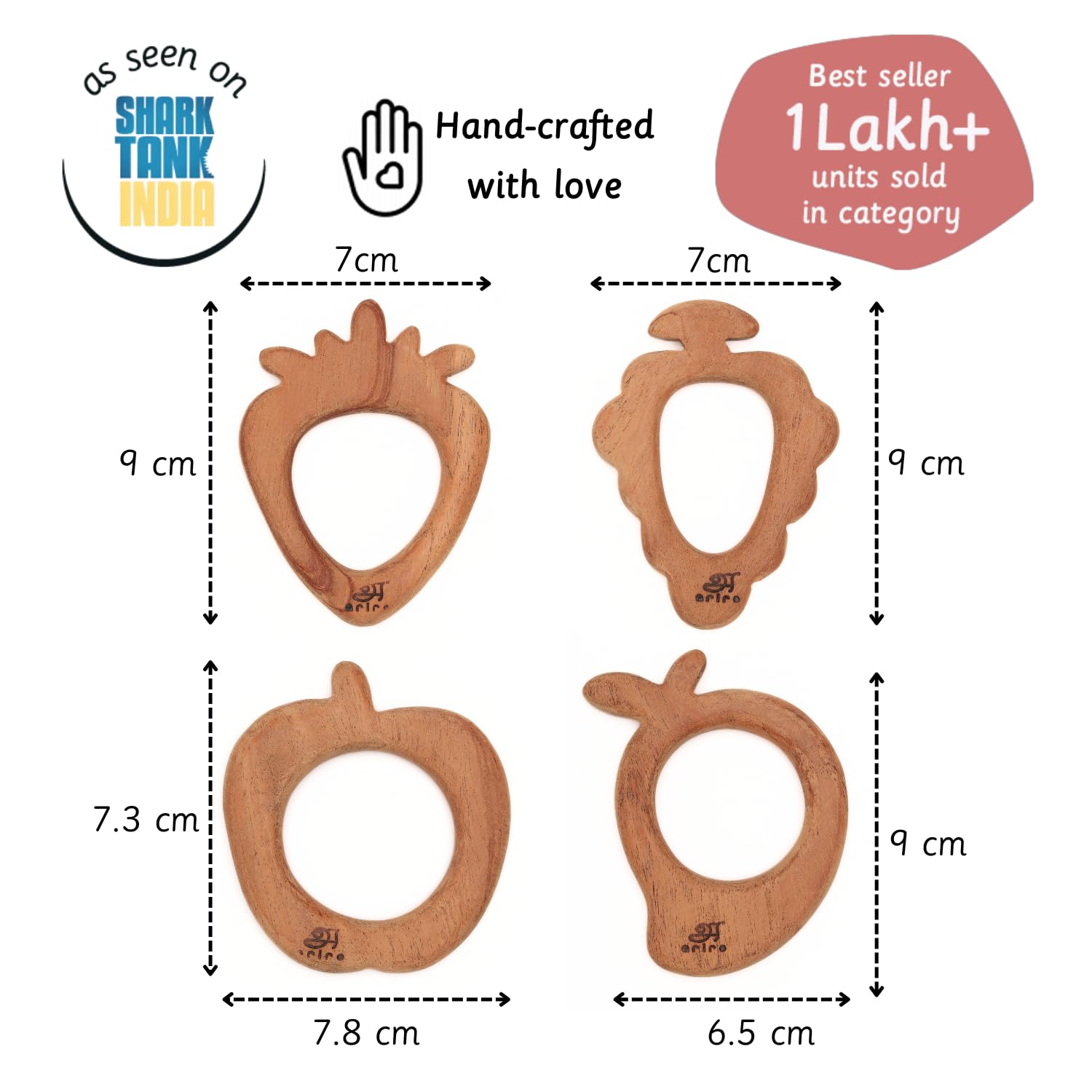 Ariro Wooden Teethers Fruit Shaped for Baby Boy & Girl | Hand Crafted with Organic Neem Wood That Helps Boost Immunity & Aids in Digestion | Easy to Grasp & Chew - Image 2 thumbnail