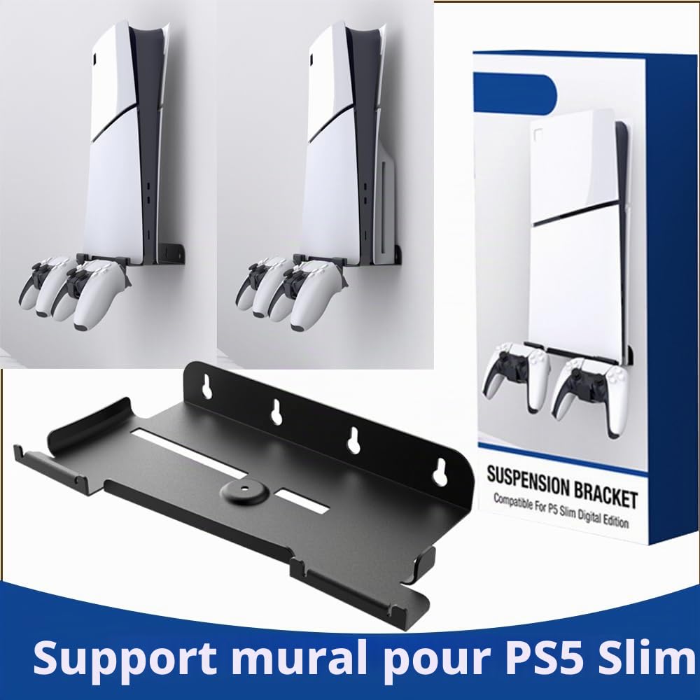 Support Mural PS5/PS5 Slim, Support Mural Compatible avec PS5/PS5 Slim (Disque et Numérique) avec 2 Supports de Contrôleur, Acier Support Mural PS5 Support Mural pour Console PS5/PS5