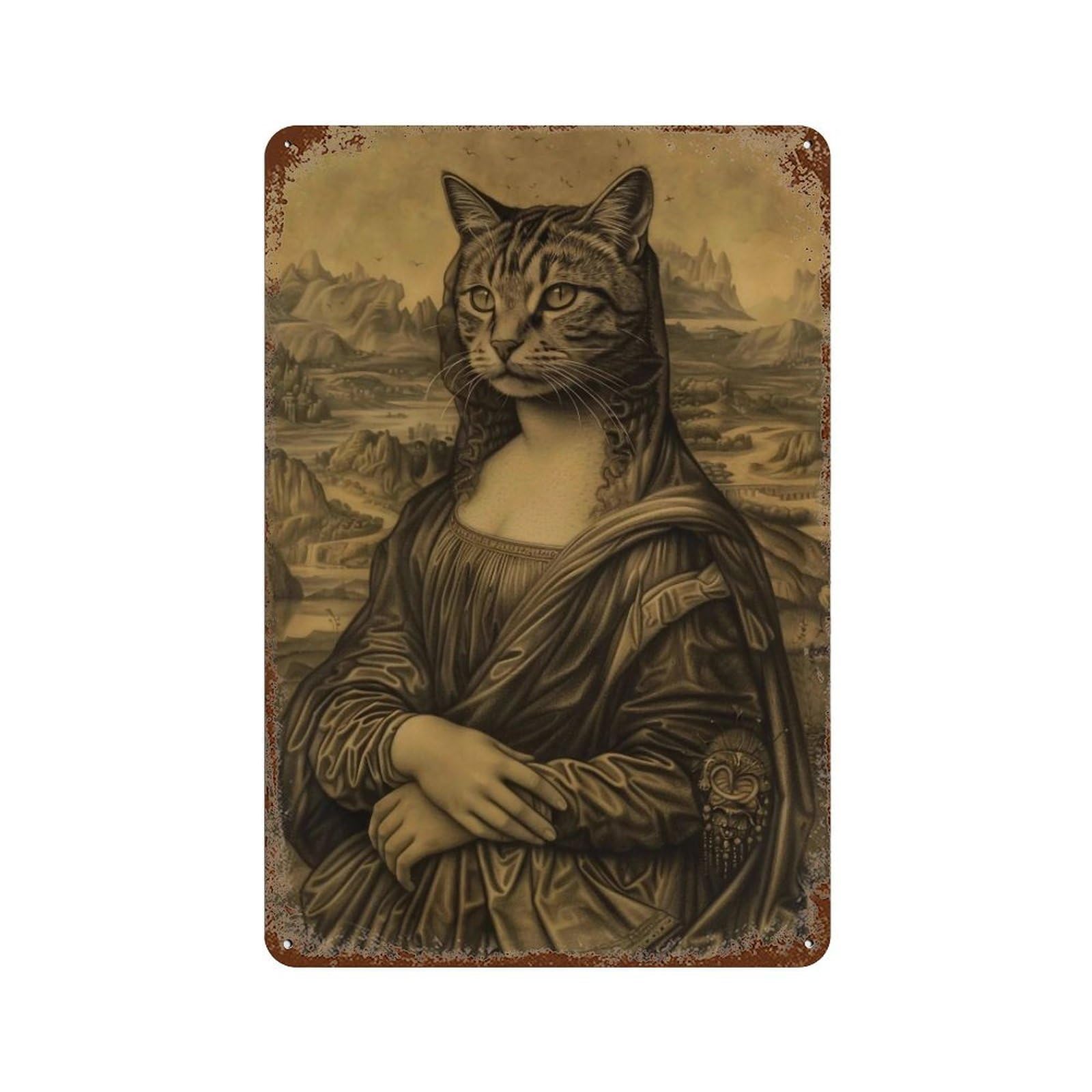 YHGERTKU Meowna Lisa 01 Wall Art Retro Iron Vintage Metal Tin Sign Poster Modern Decor for Living Rooms Gift 30x20cm