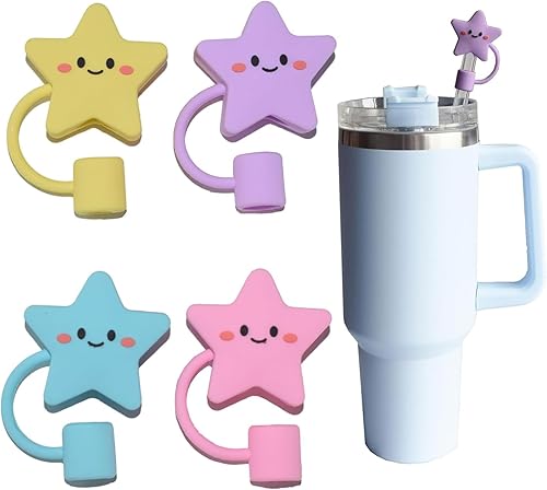 Stanley - Paquete de 4 adornos para pajilla, fundas de popote con diseño de estrella Stanley, fundas de popote sonriente, fundas de popote para vaso