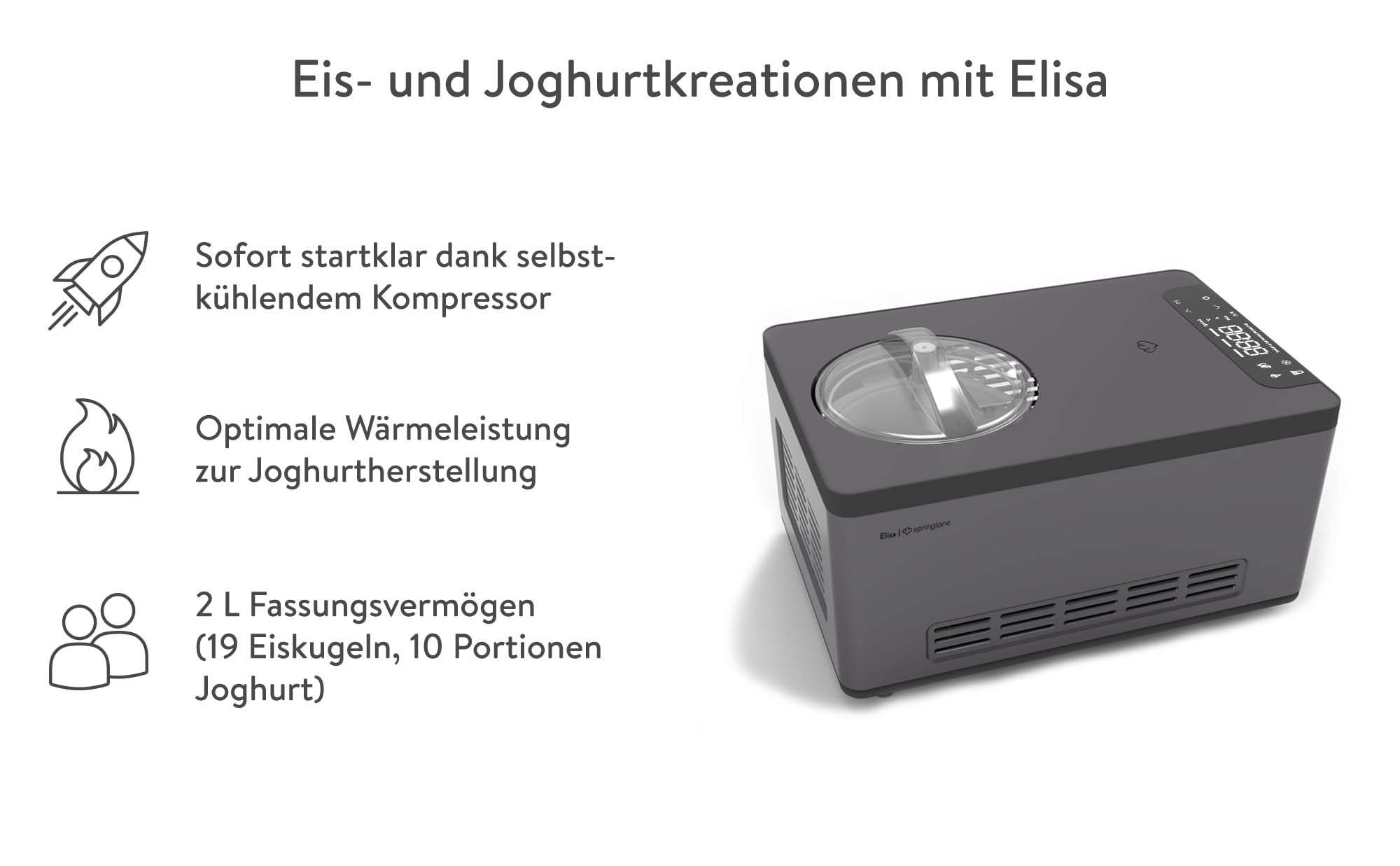 Springlane Kitchen Elisa Sorbetière et yaourtière 2,0 l avec compresseur auto-refroidissant 220 W en acier inoxydable avec fonction refroidissement et chauffage (Elisa anthracite, sorbe)