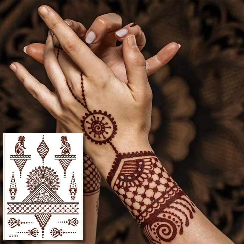 6 hojas de calcomanías de tatuajes marrones, kits de tatuajes temporales de henna, exquisitos tatuajes de encaje, mandala flor, elefante, tatuajes