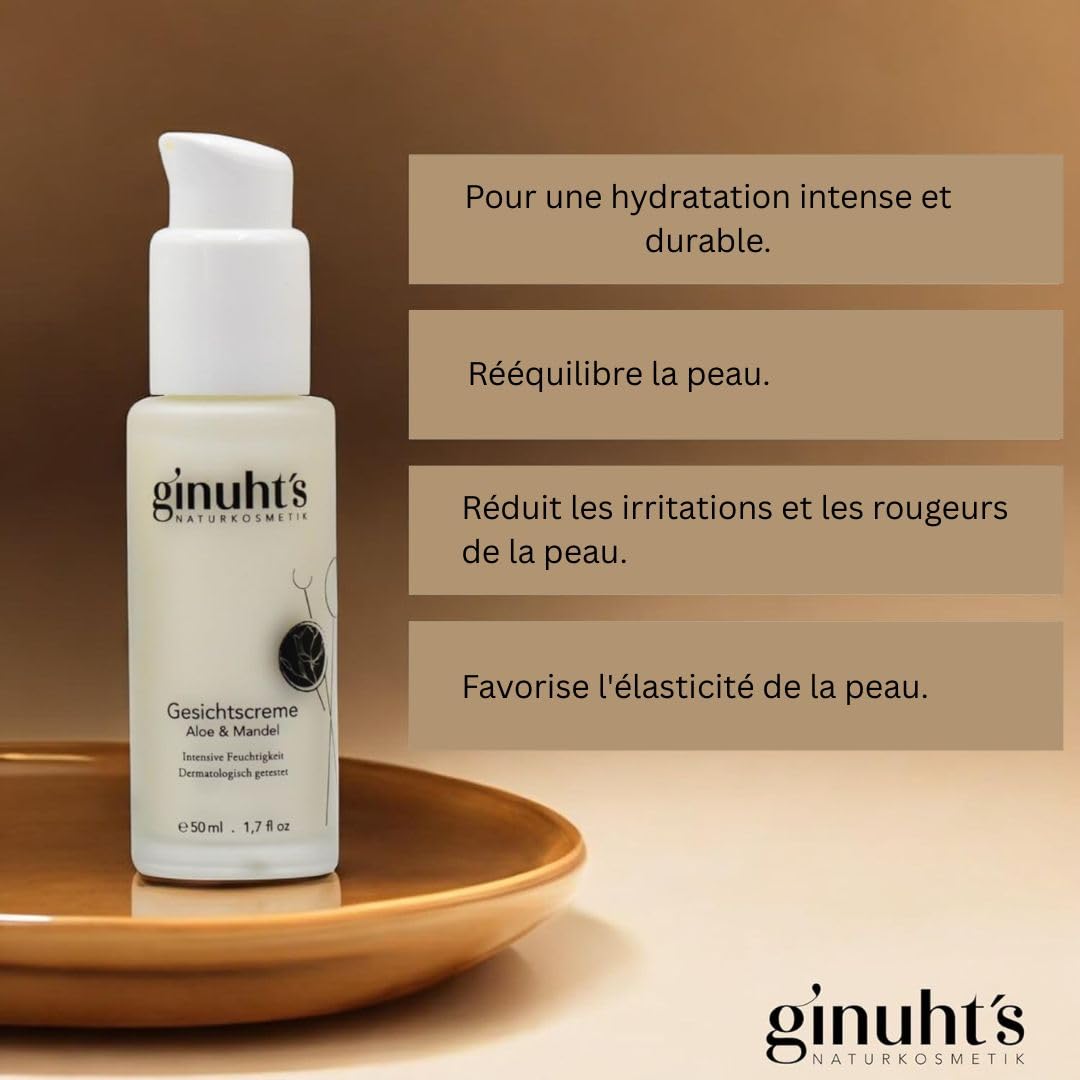 ginuht's NATURKOSMETIK Gesichtscreme 100% Bio für intensive Feuchtigkeit | Schnell einziehende Feuchtigkeitscreme für das Gesicht | Entzündungshemmende Tagescreme mit Aloe Vera & Mandelöl (50ml)