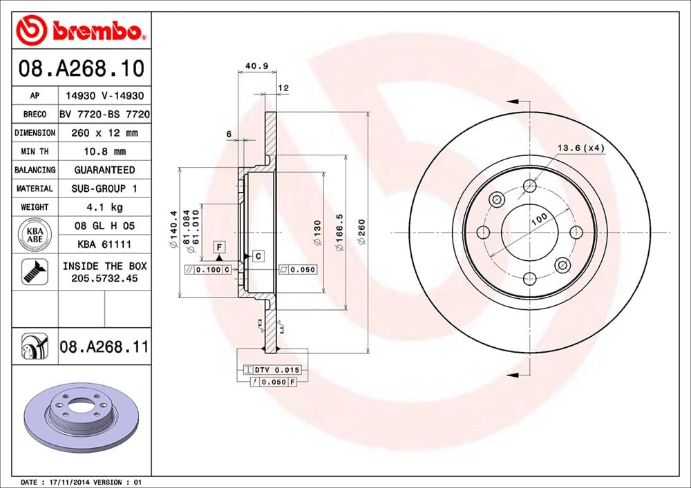 Brembo 08.A268.11 - Disco Freno con Verniciatura UV (Set di 2) - Anteriore