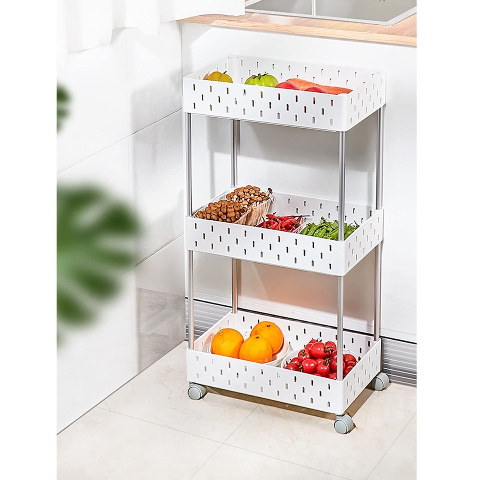 Estante Organizador Carro rodante de 2/3/4 niveles, organizador carro ajustable, almacenamiento con ruedas, estante frutas y verduras gran capacidad Repisas para Cocina(3 layers)