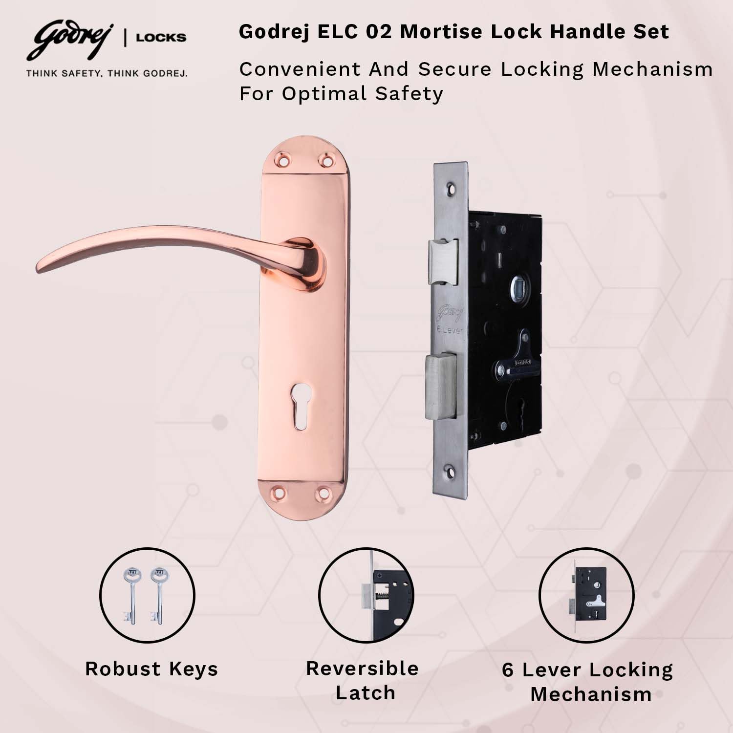 Godrej Mortise Door Lock Handle Set | ELC 02 | 6-Lever Security | Reversible Latch | Corrosion Resistant | for Wooden Doors (Rose Gold Finish) | 1 Year Warranty — Amazon image 4